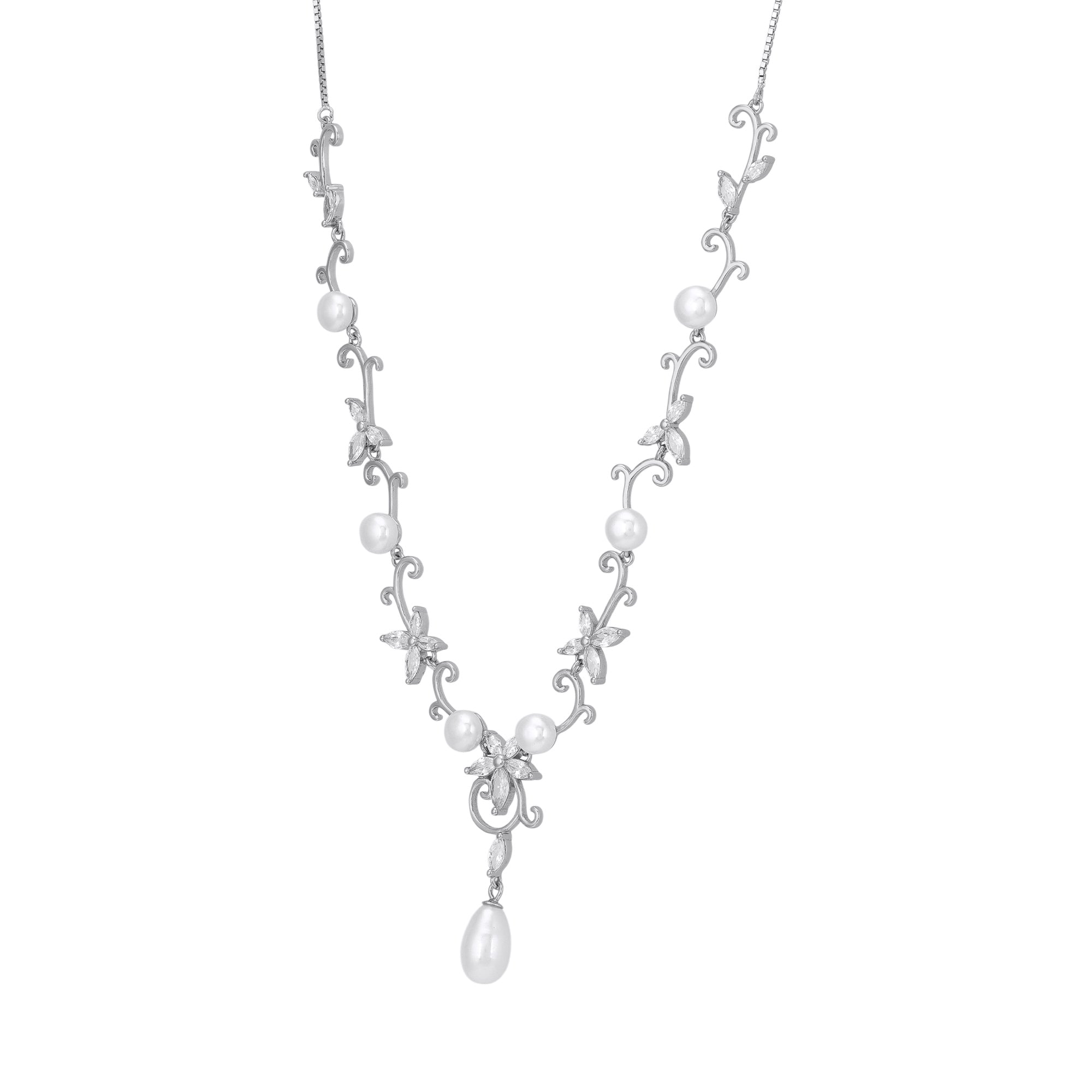 925 Sterling Silver Fairy Whirl Pearl Crystal Blooms Whimsical Curves Necklace for Women