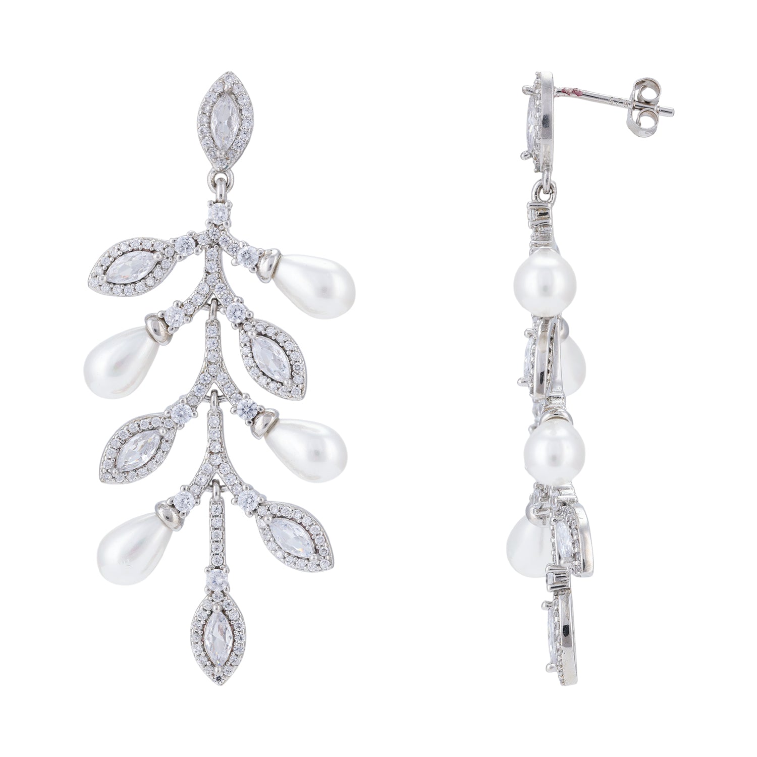 Sterling Silver Falling Petals Stone Pearl Rhodium Plated Earrings For Women
