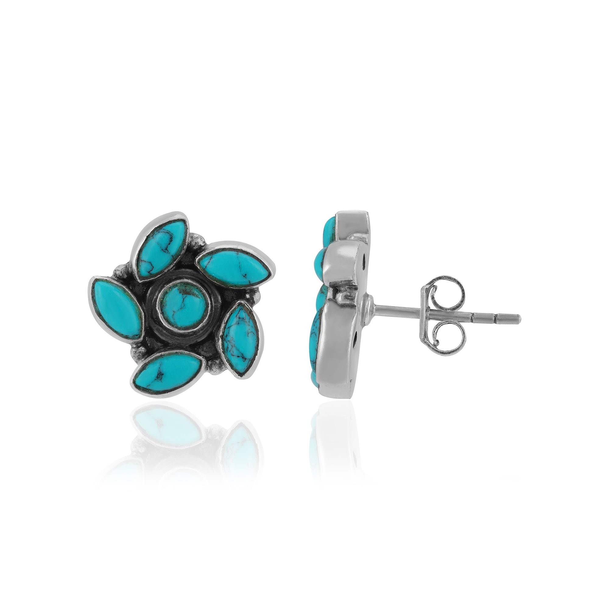 Sterling Silver Five-Petal Turquoise Floral Earrings For Women
