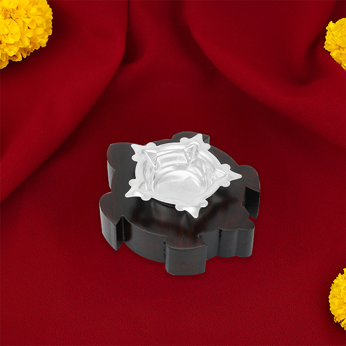 925 Sterling Silver Five Face Diya Deepam Rosewood Stand For Pooja