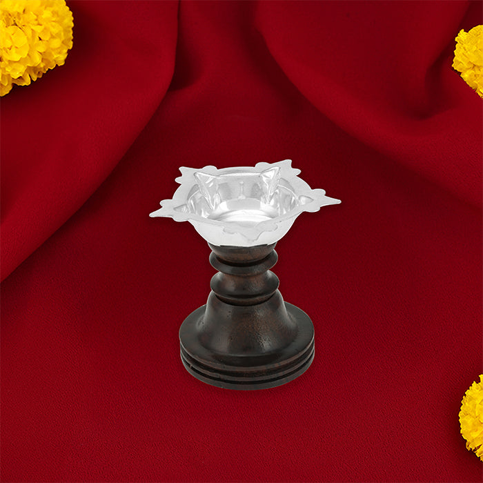 925 Sterling Silver Five Face Single Lamp With Rosewood Stand For Pooja