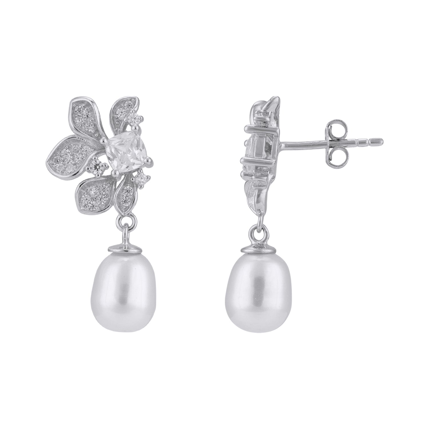 925 Sterling Silver Floral-Inspired White Rhodium Petals Pearl Drop Earrings for Women