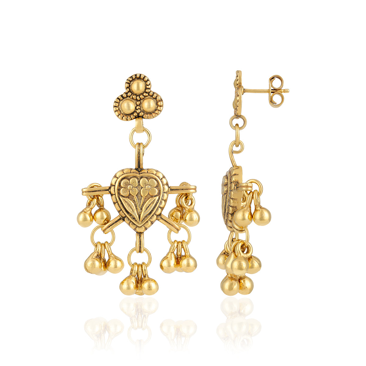 925 Sterling Silver Floral Centered Heart Gold Plated Beads Drop Earrings for Women