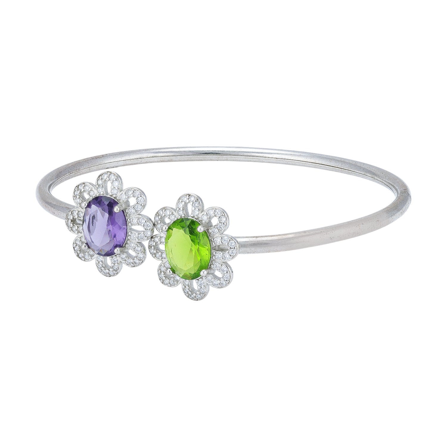 925 Sterling Silver Floral Dual Stone Amethyst Peridot Oval Centers Petal Halo Open Bracelet for Women