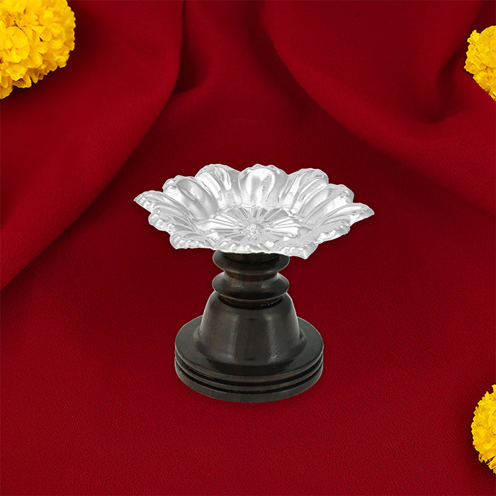 925 Sterling Silver Flower Diya deepam Rosewood Stand For Pooja