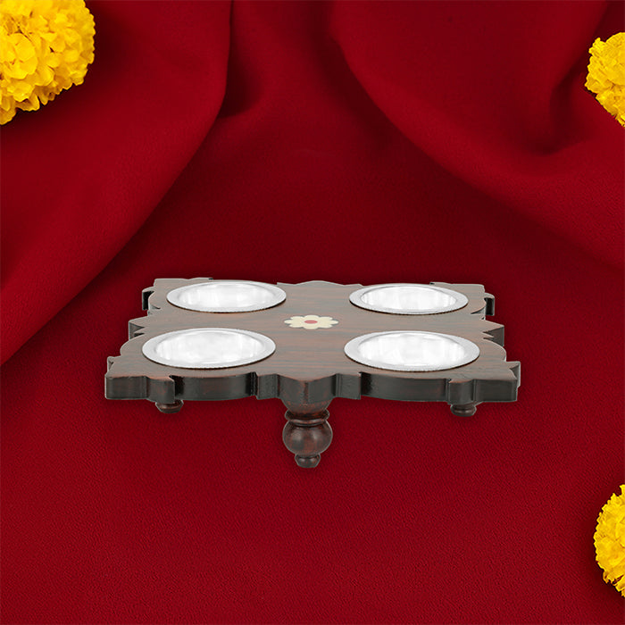 925 Sterling Silver Four Set Bowl Rosewood Stand For Pooja