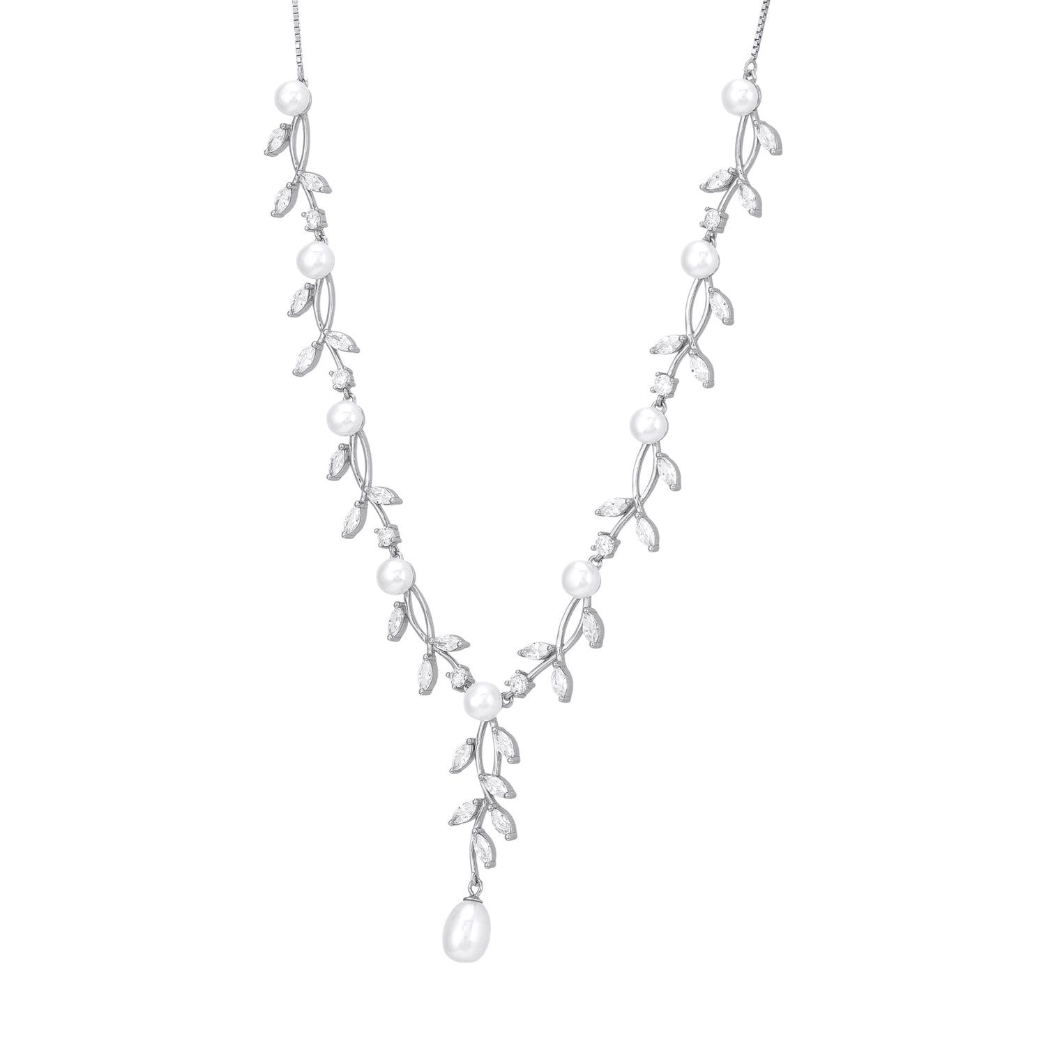 925 Sterling Silver Frosted Vine Pearl Leaf Sprigs Necklace for Women