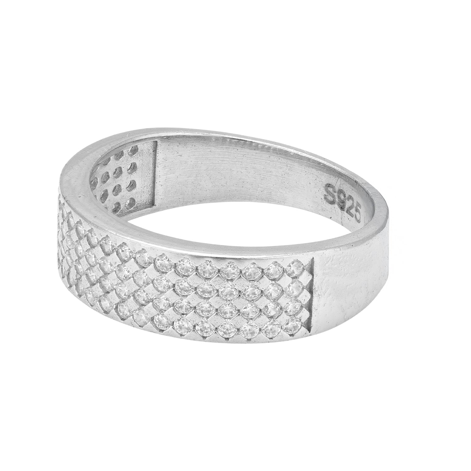 925 Sterling Silver Full Pave Set Cushion Texture Wide Band Statement Ring for Men
