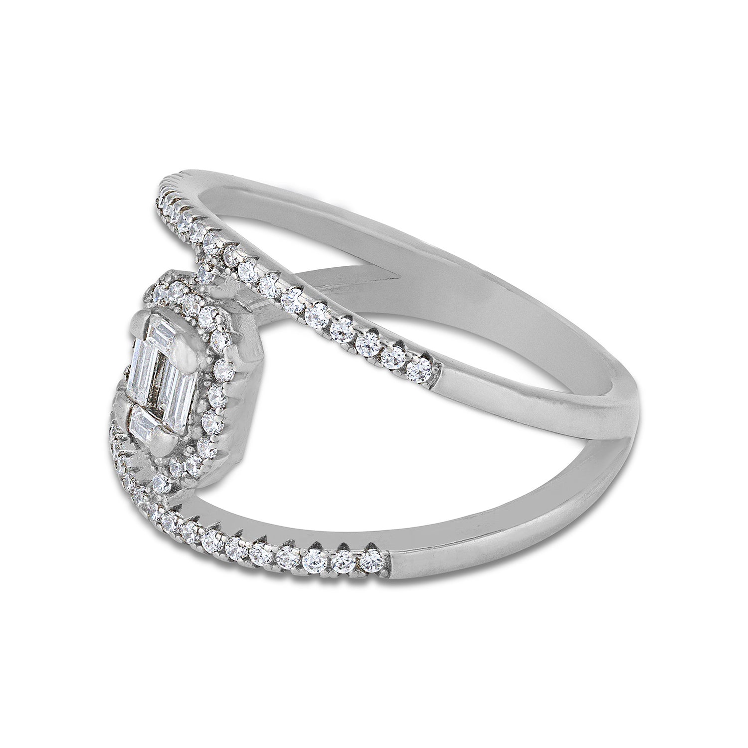 925 Sterling Silver Geometric Baguette-Cut Halo Diamond Band Rhodium Plated Ring for Women