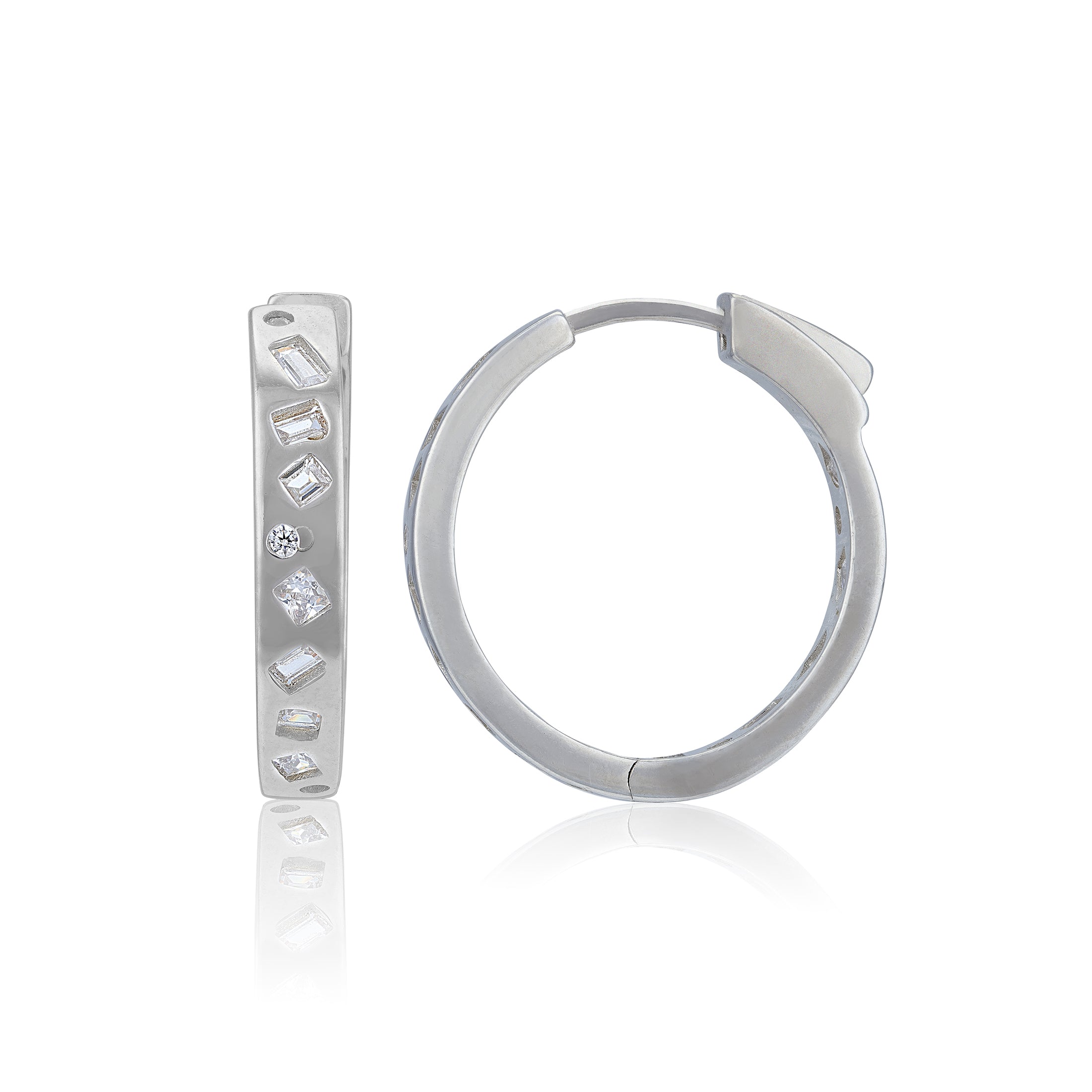 925 Sterling Silver Geometric Diamond Cut Hoop Rhodium Plated Earrings for Women