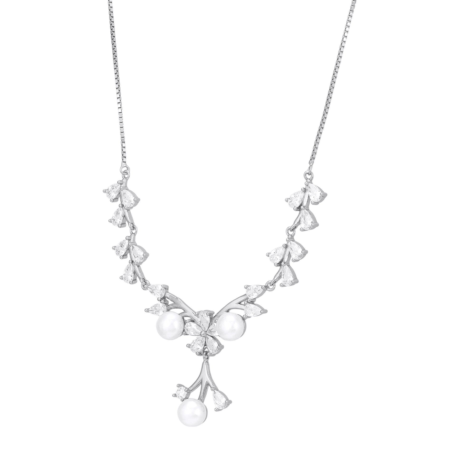 925 Sterling Silver Glacial Petal Cascade Twin Pearls Dangling Necklace for Women