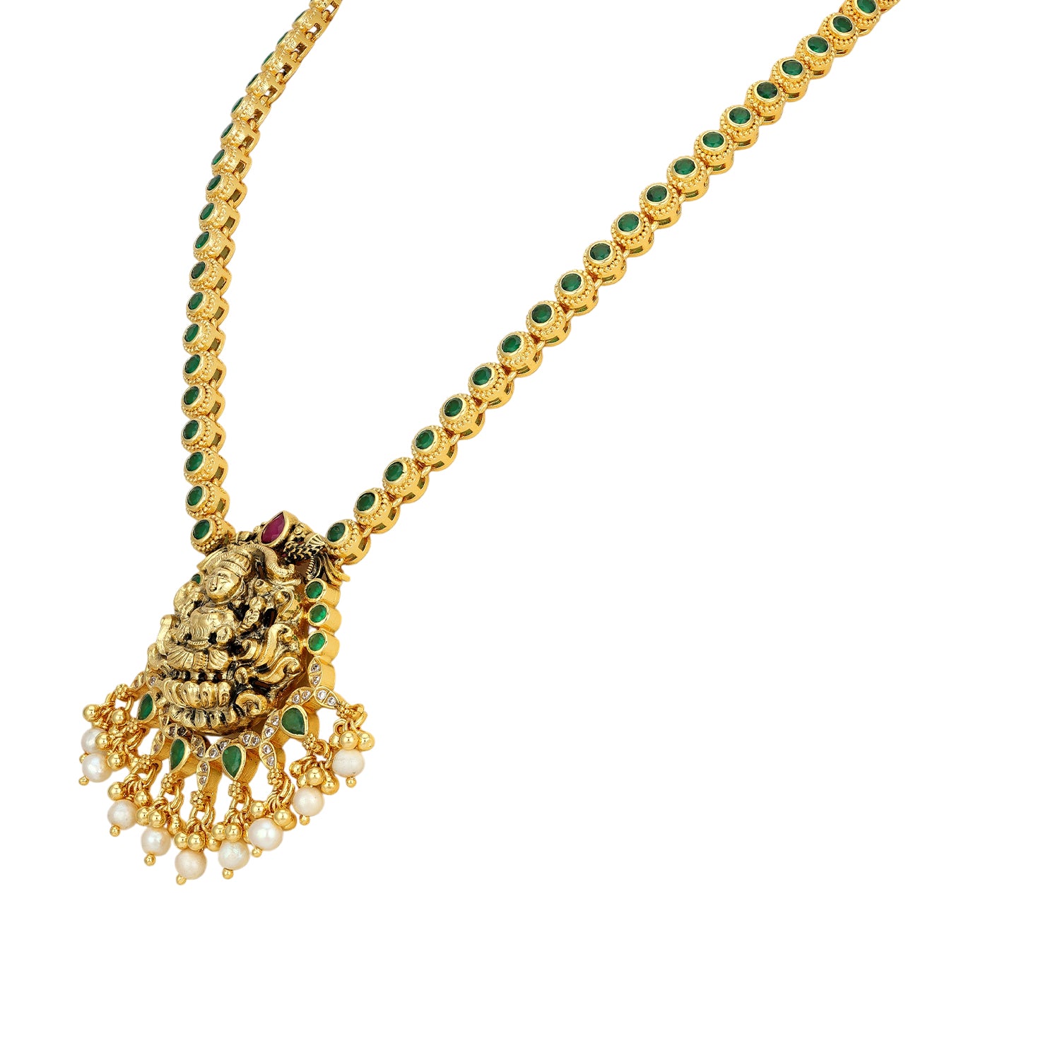 925 Sterling Silver Gold Plated Classic Lakshmi Featuring Emerald Accents Necklace for Women