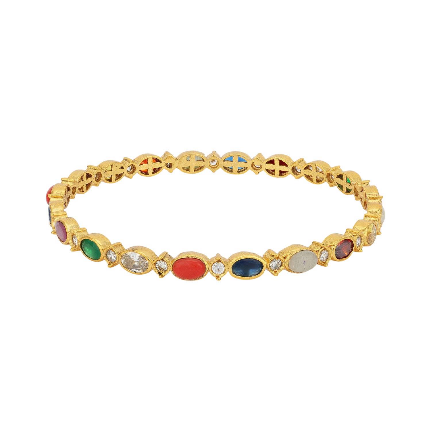 925 Sterling Silver Gold Plated Ellipse Navaratna Stone Bangle for Women