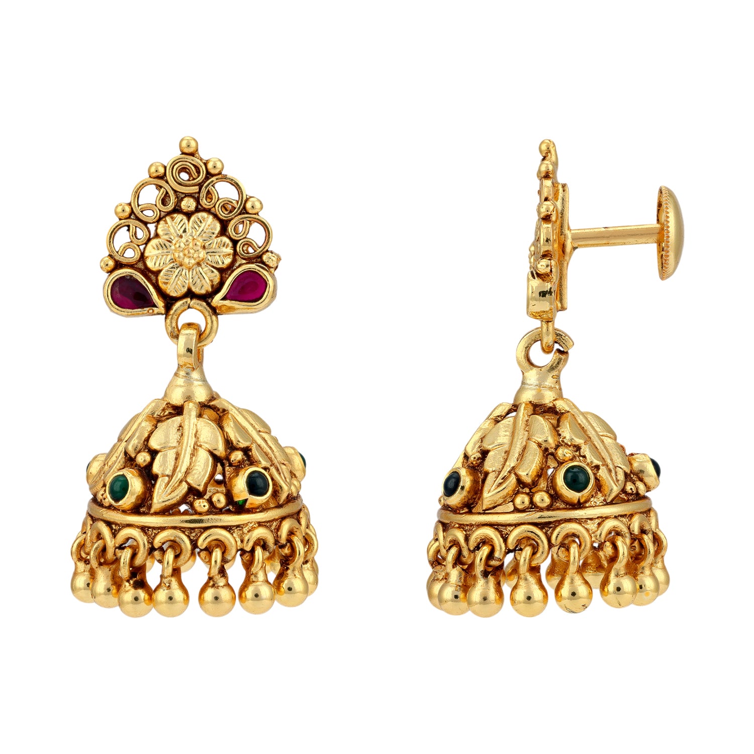 925 Sterling Silver Gold Plated Foliage Floral Jhumka For Women