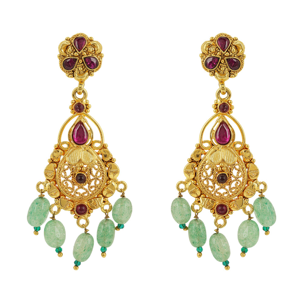 925 Sterling Silver Gold Plated Traditional Manga Green Beads Drop Earrings For Women