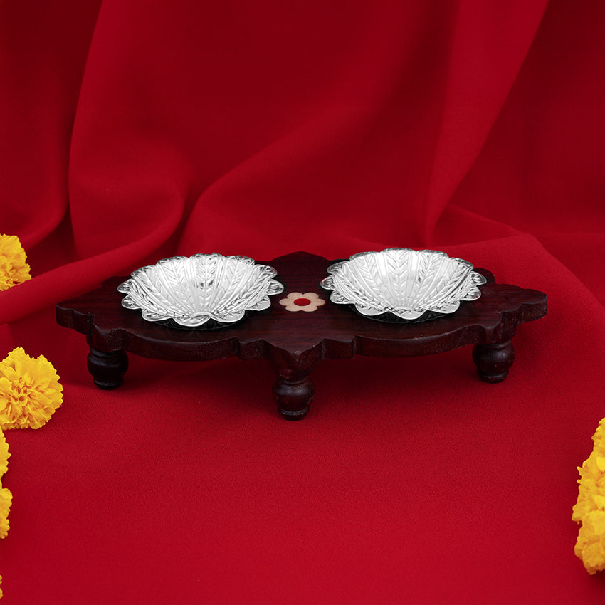 925 Sterling Silver Haldi Kumkum Floral Design Dual Bowl Rosewood Stand For Pooja