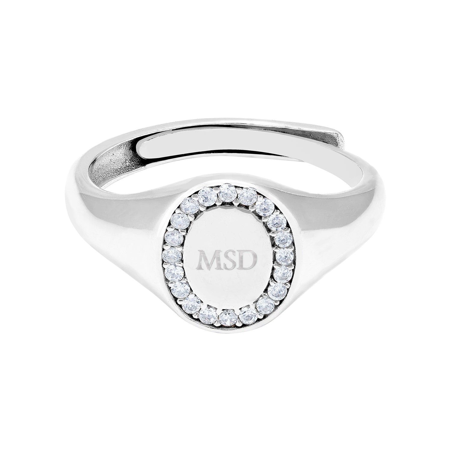 925 Sterling Silver Halo Oval Engravable Rhodium Plated Ring