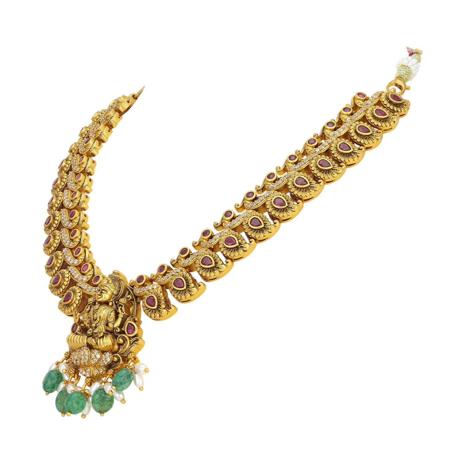 925 Sterling Silver Heritage Lakshmi Manga Kasu Green Drop Necklace for women