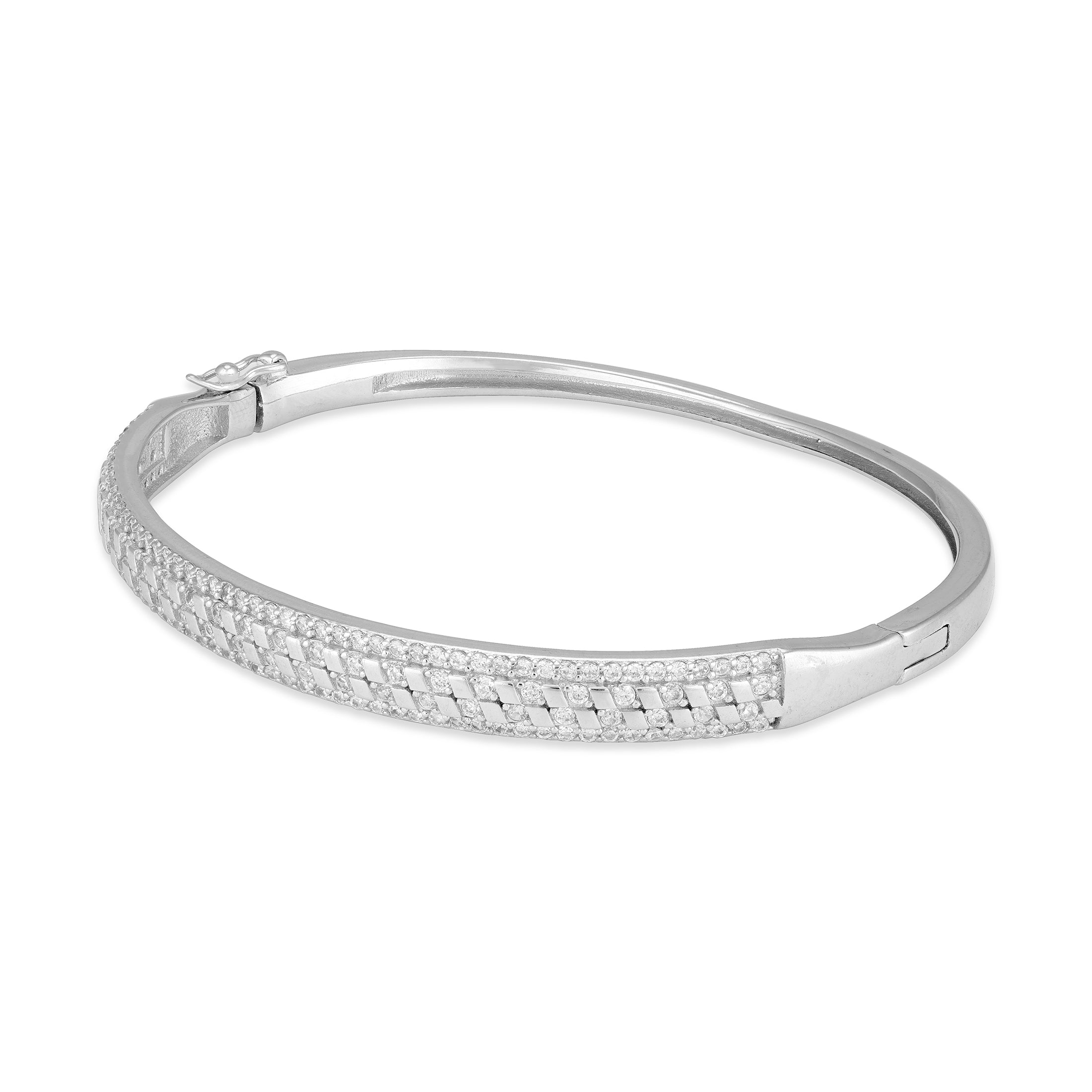 925 Sterling Silver Interlocked Pave Tapered Basket Weave Texture Bracelet for Women