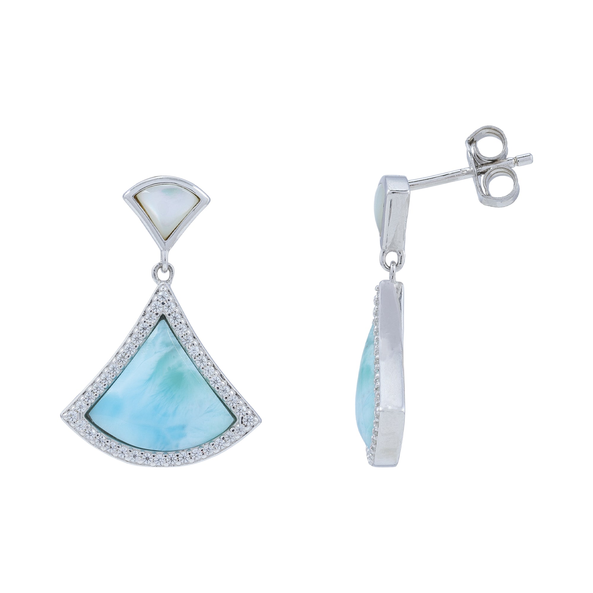 925 Sterling Silver Larimar Triangle Pave Statement Earrings for Women