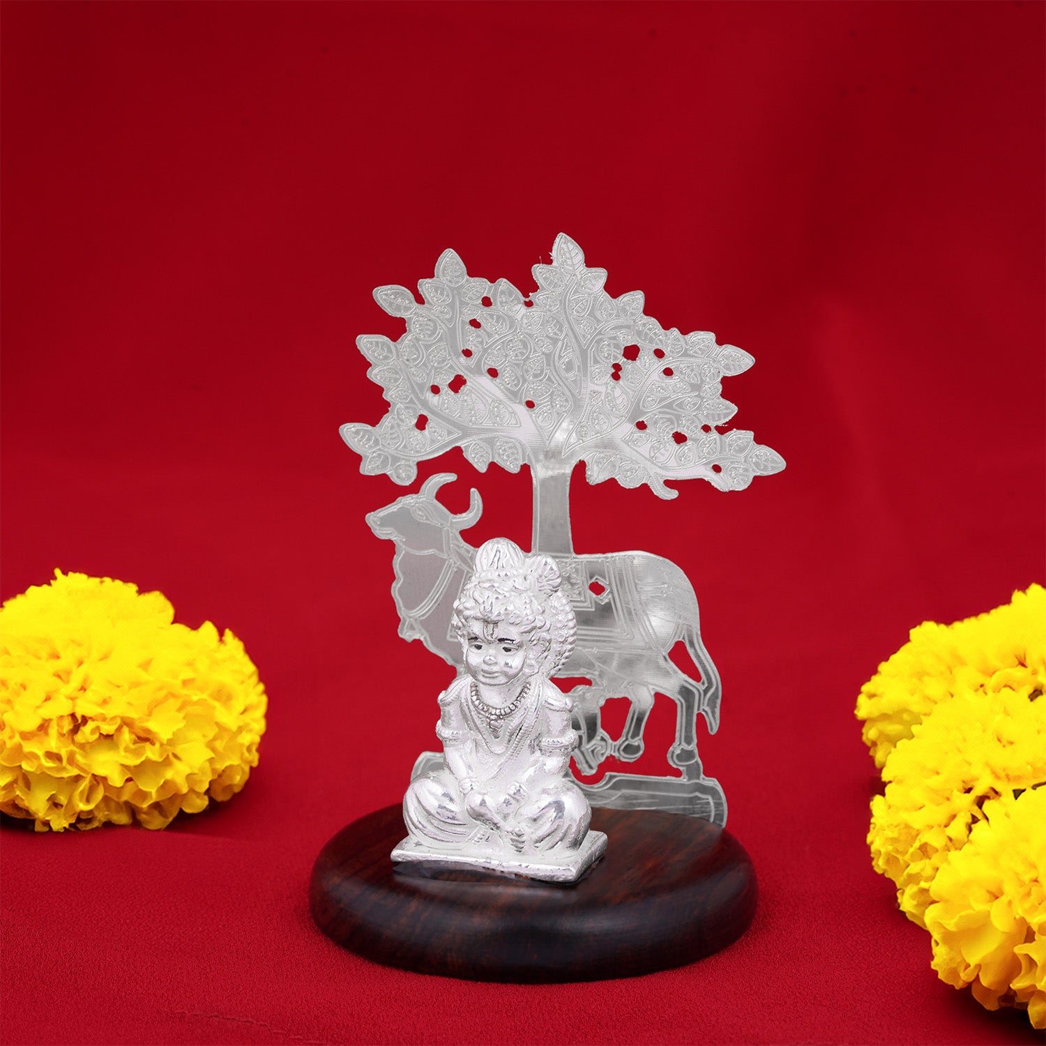 925 Sterling Silver Little Krishna with Cow Under Tree Rosewood Base Idol