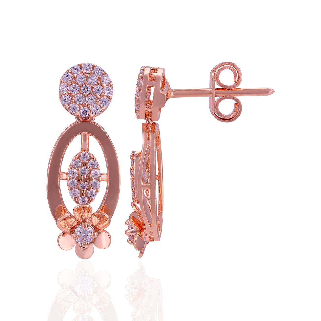 Sterling Silver Luxe Oval Drop Crystal Cluster Rose Gold Plated Earrings For Women