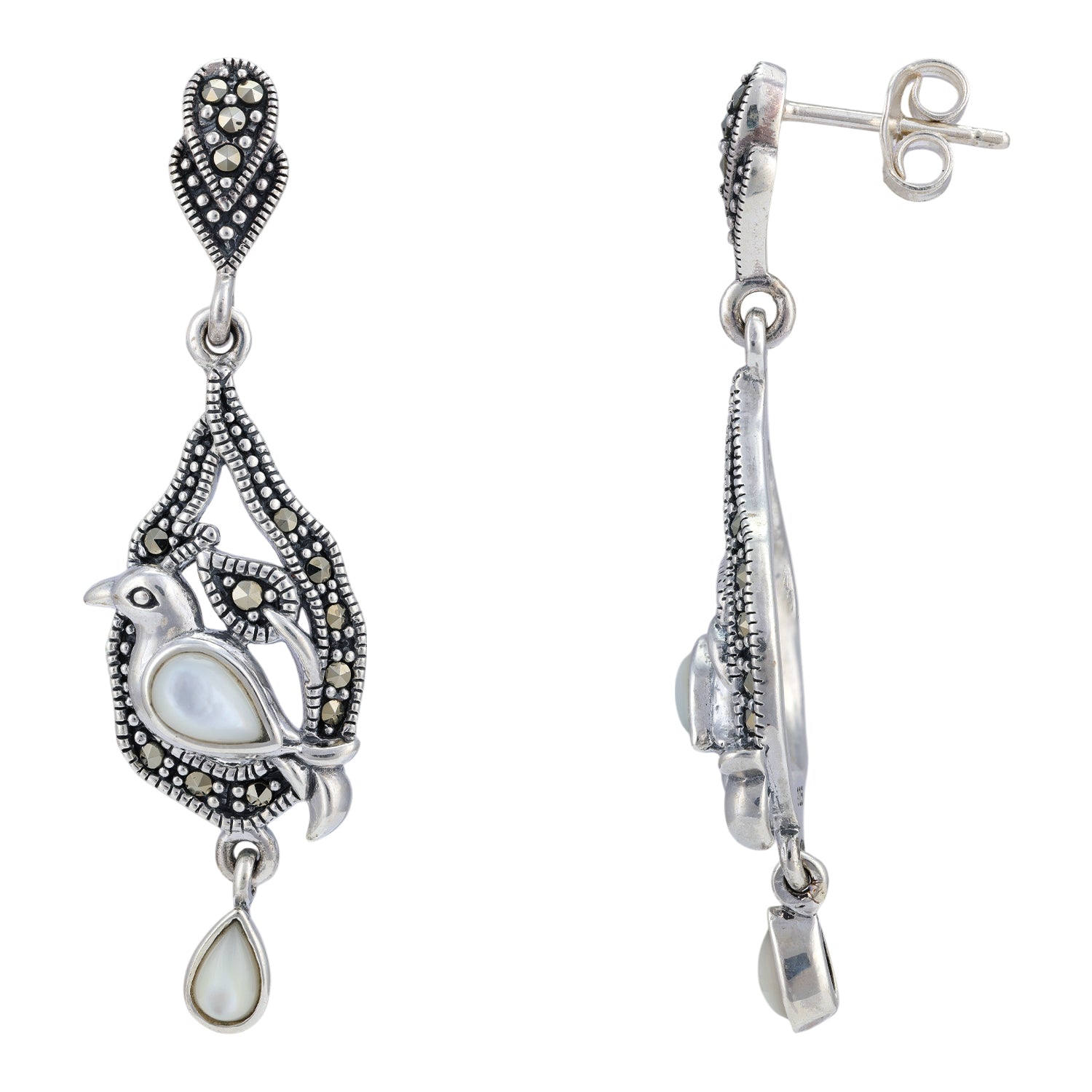 925 Sterling Silver Marcasite Bird Perch Drop Earring for Women
