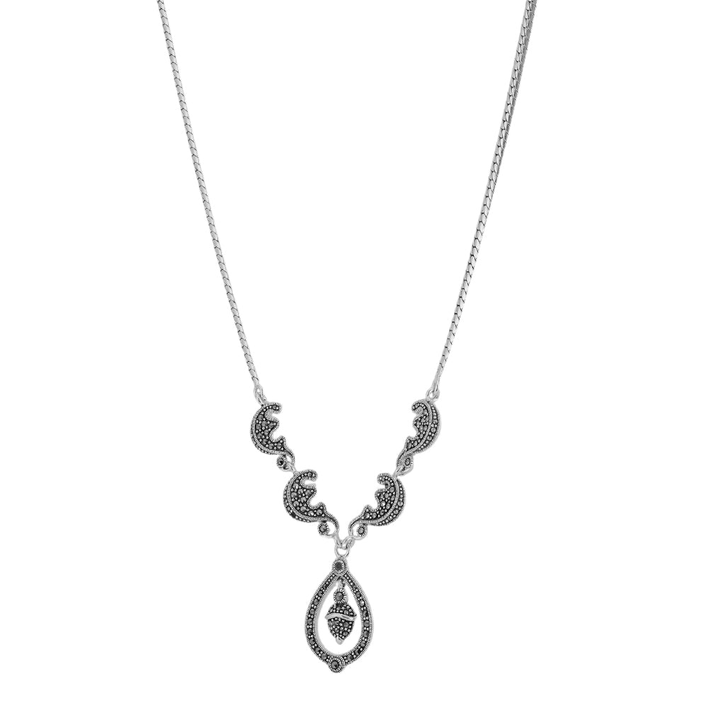 925 Sterling Silver Marcasite Pear Drop Chain Pendant For Women
