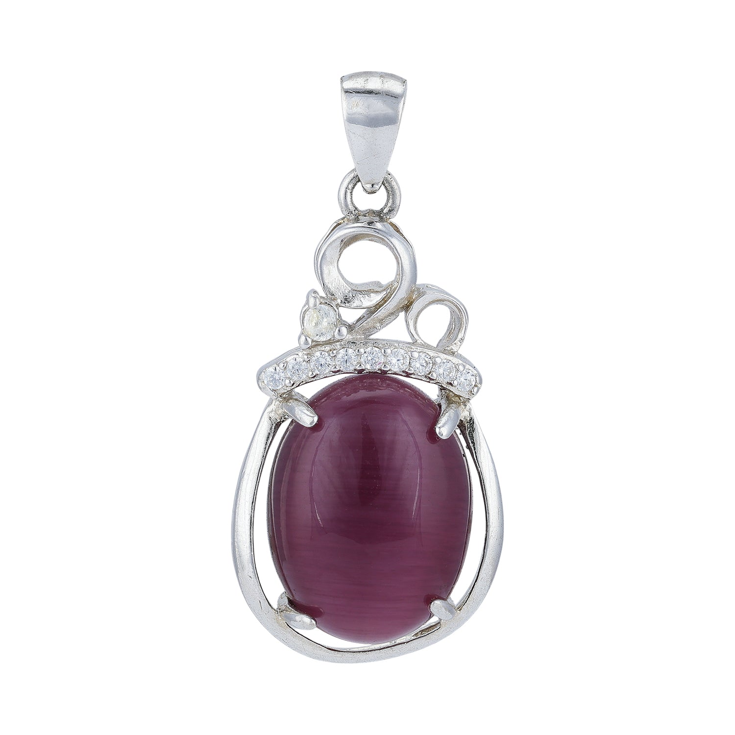 925 Sterling Silver Maroon Cat’s Eye Oval Curved Loop Accent Pendant for Women