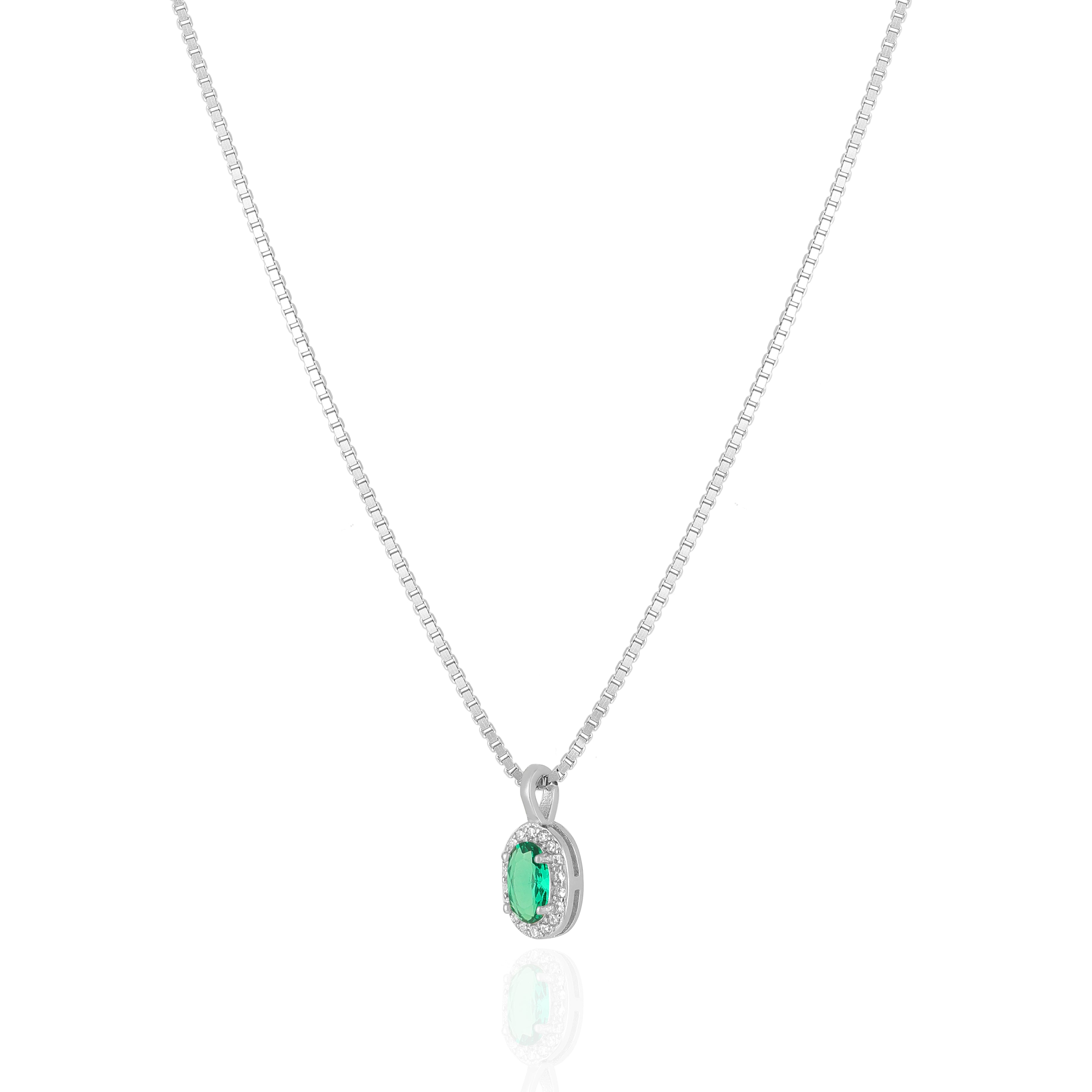 925 Sterling Silver May Month Oval Emerald Birthstone Chain Pendant For Women