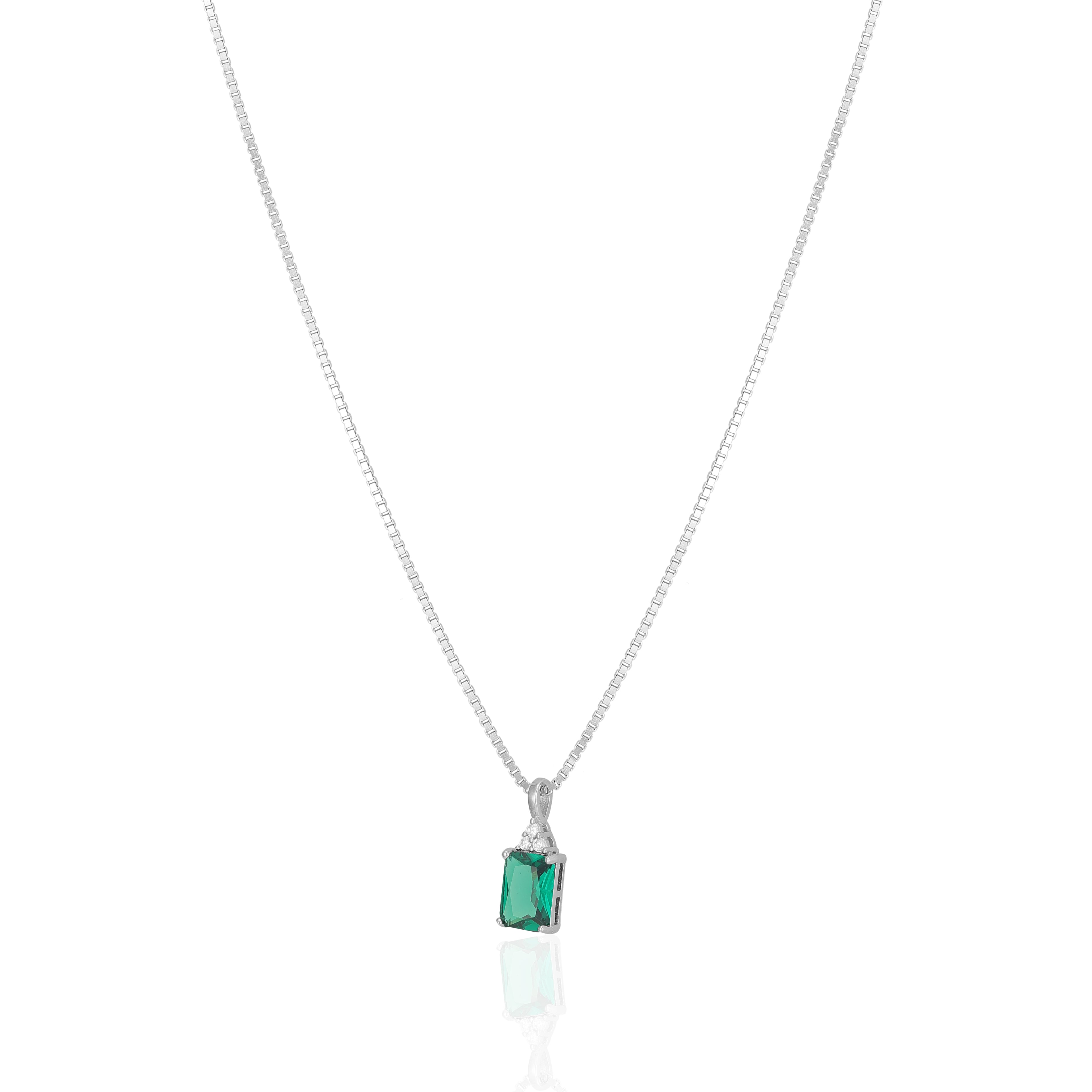 925 Sterling Silver May Month Square Emerald Birthstone Chain Pendant For Women