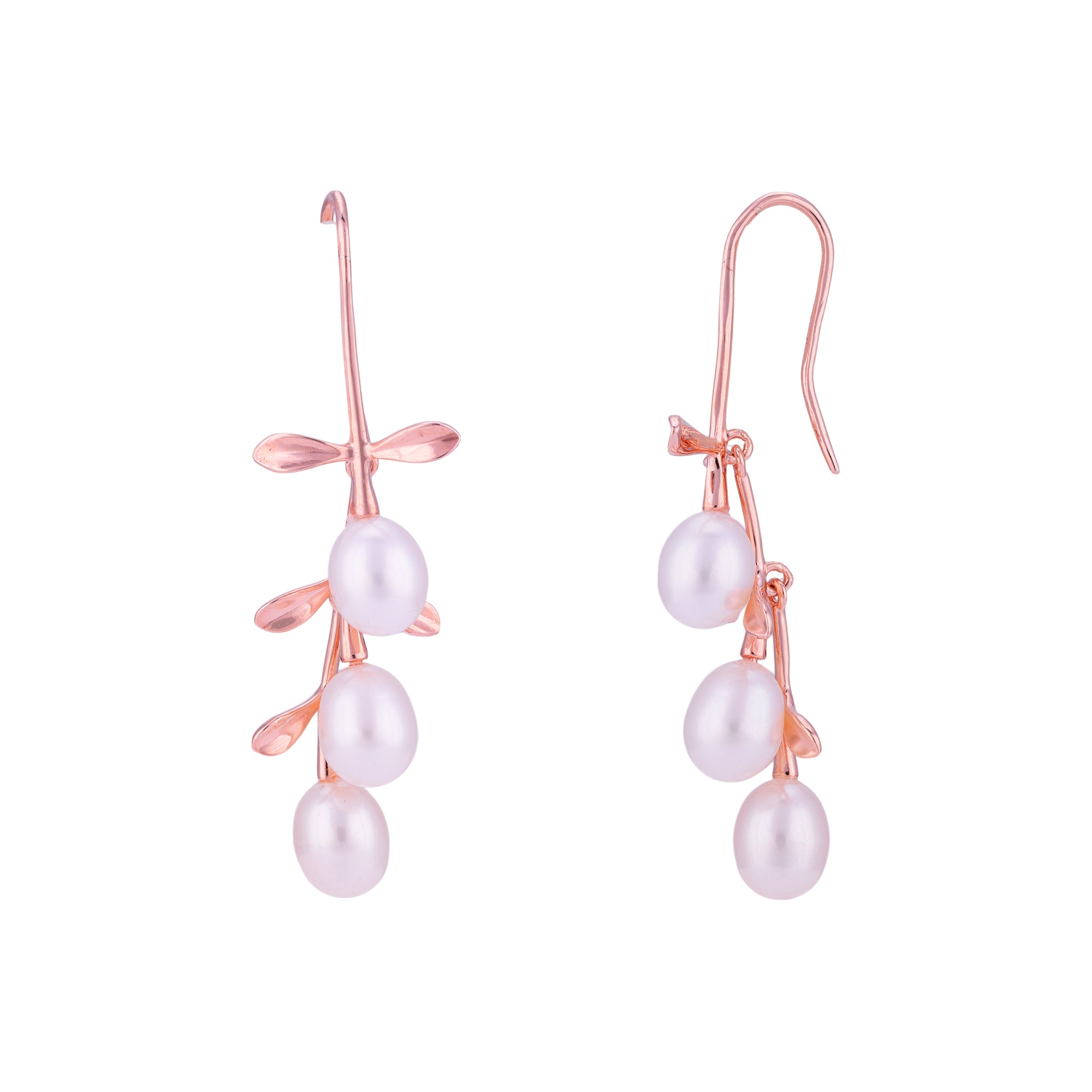 925 Sterling Silver Modern Leaf Triple Pearl Glossy Rose Gold Earrings for Women
