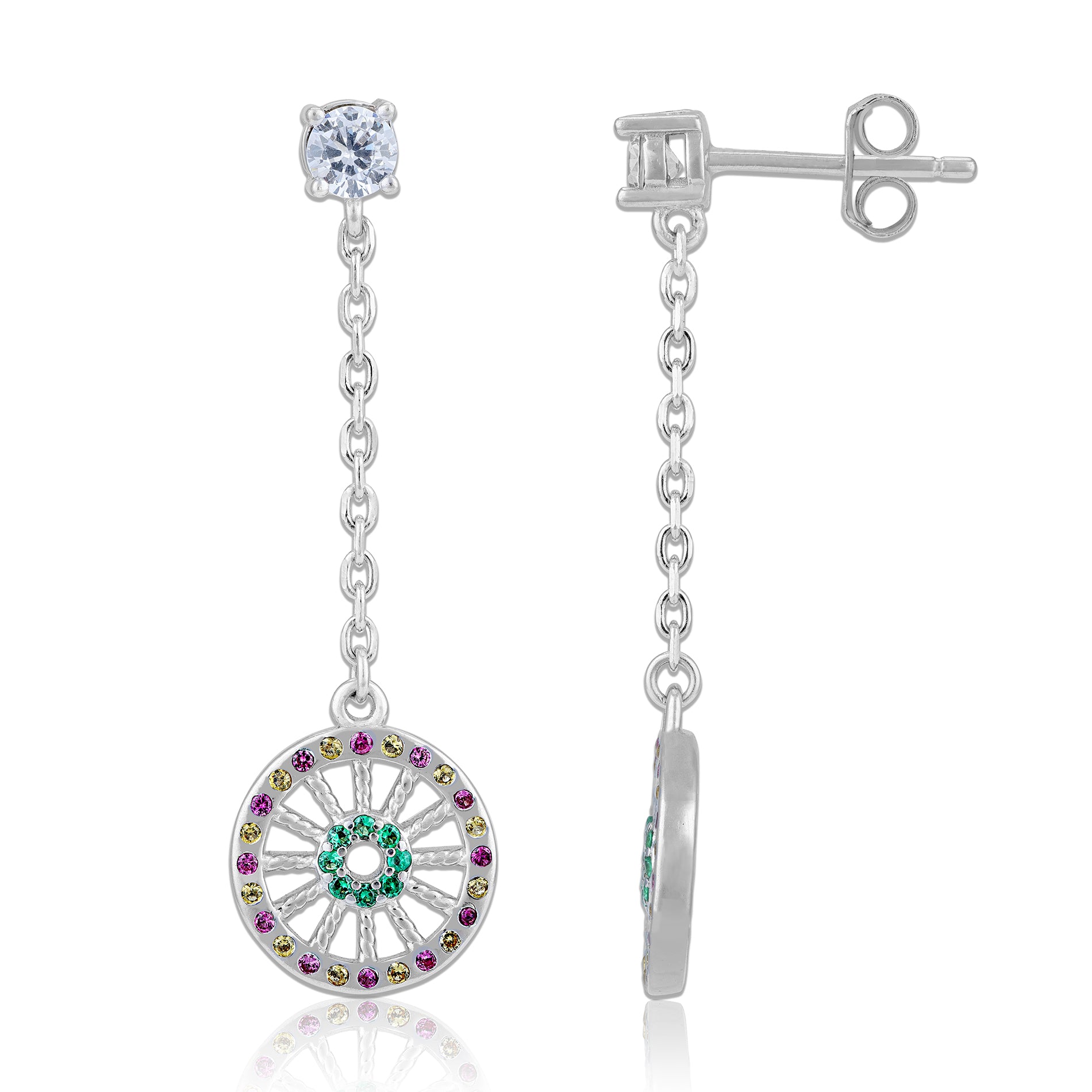 925 Sterling Silver Multicolor Chakra Spoked Disc Hanging Earrings for Women