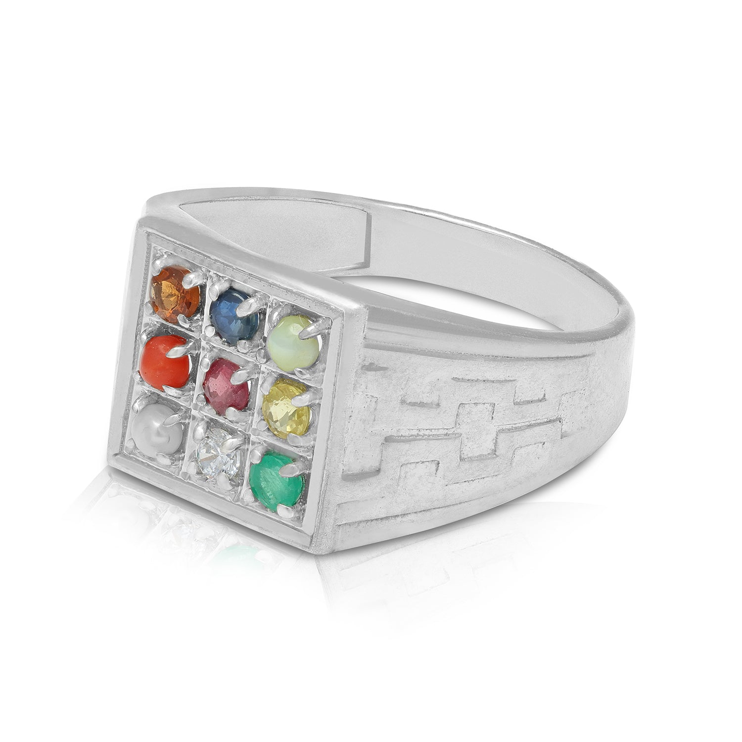 925 Sterling Silver Navaratna 9 Gemstones Sacred Grid Square Rhodium Plated Ring for Men