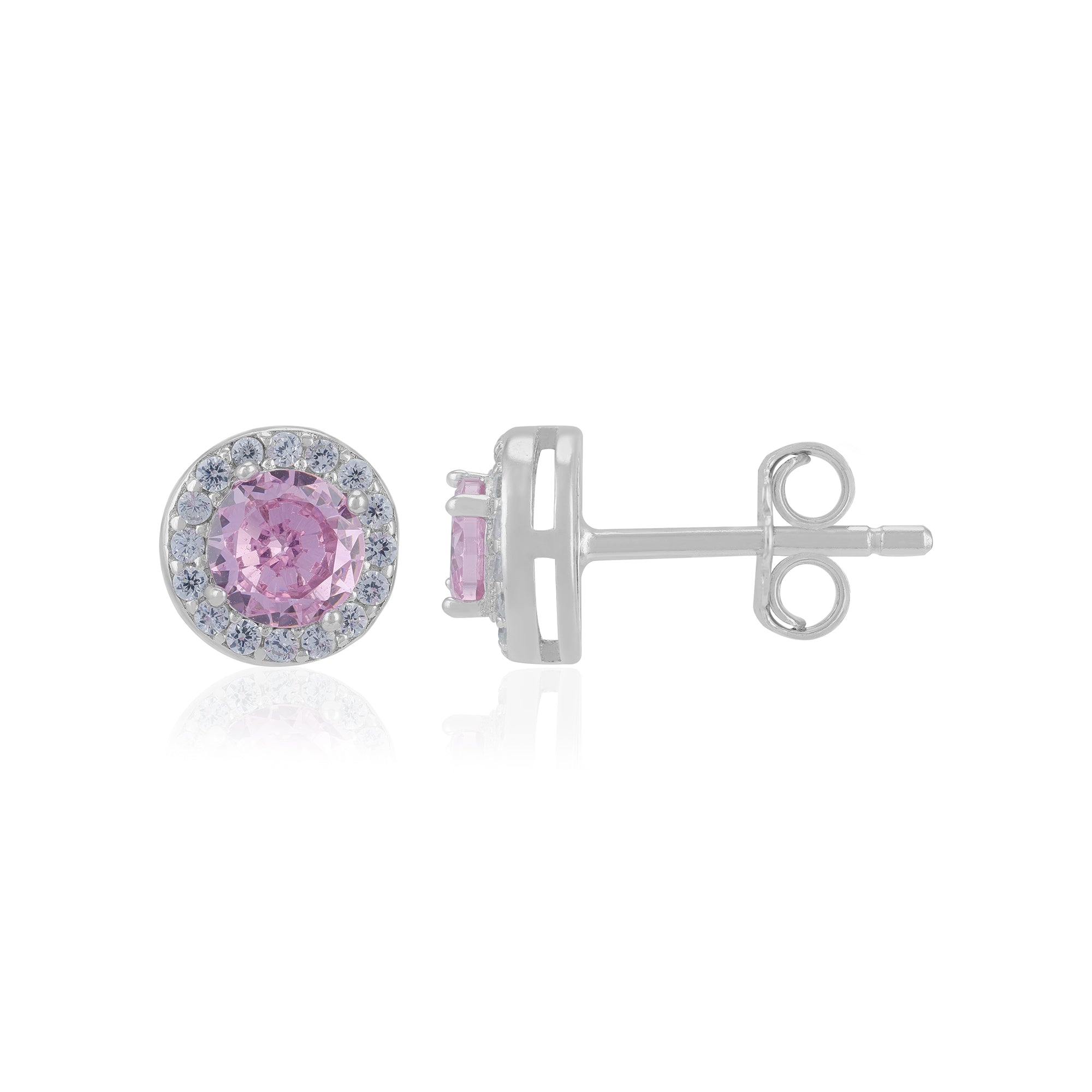 Sterling Silver October Month Circle Pink Tourmaline Birthstone Stud For Women