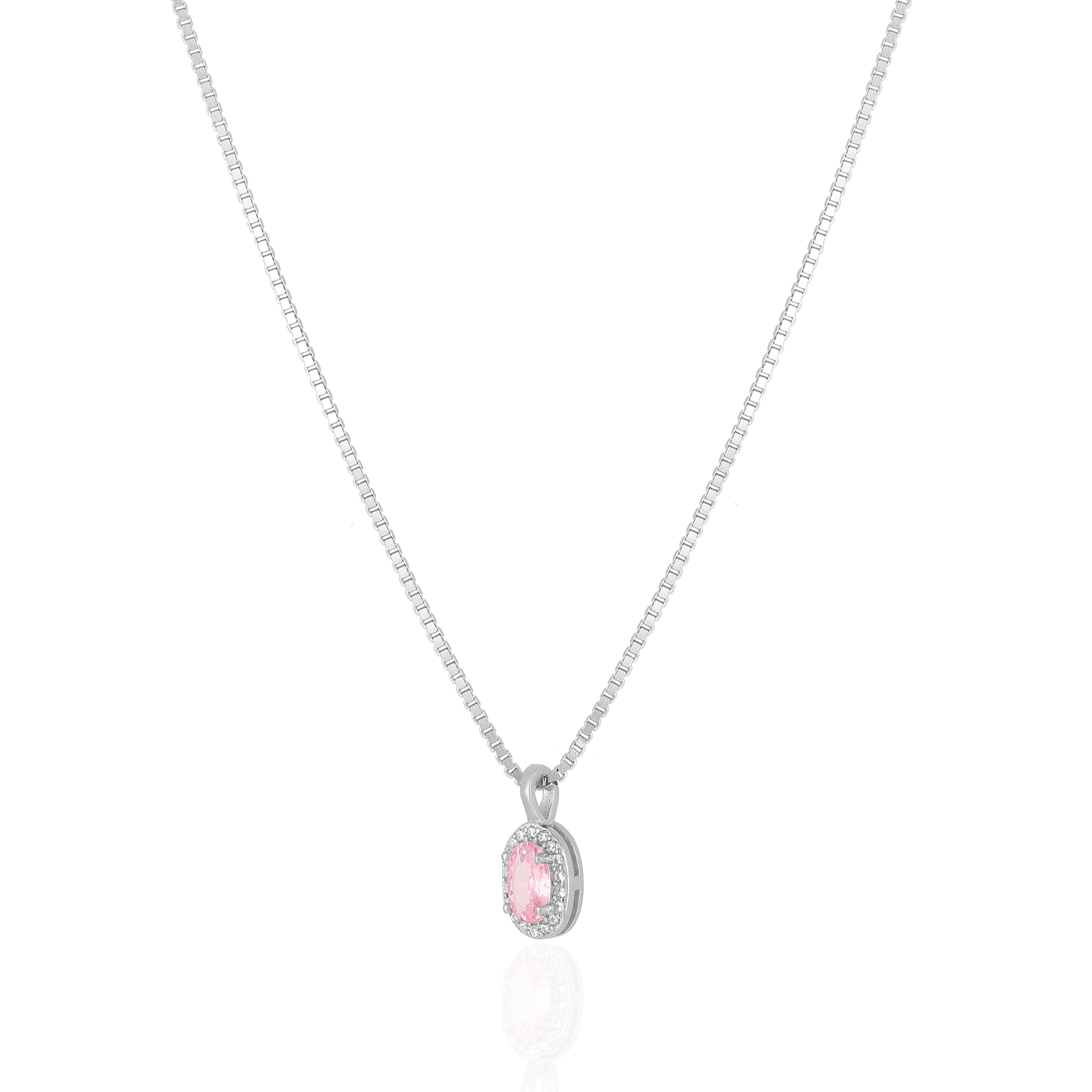 925 Sterling Silver October Month Oval Pink Tourmaline Birthstone Chain Pendant For Women