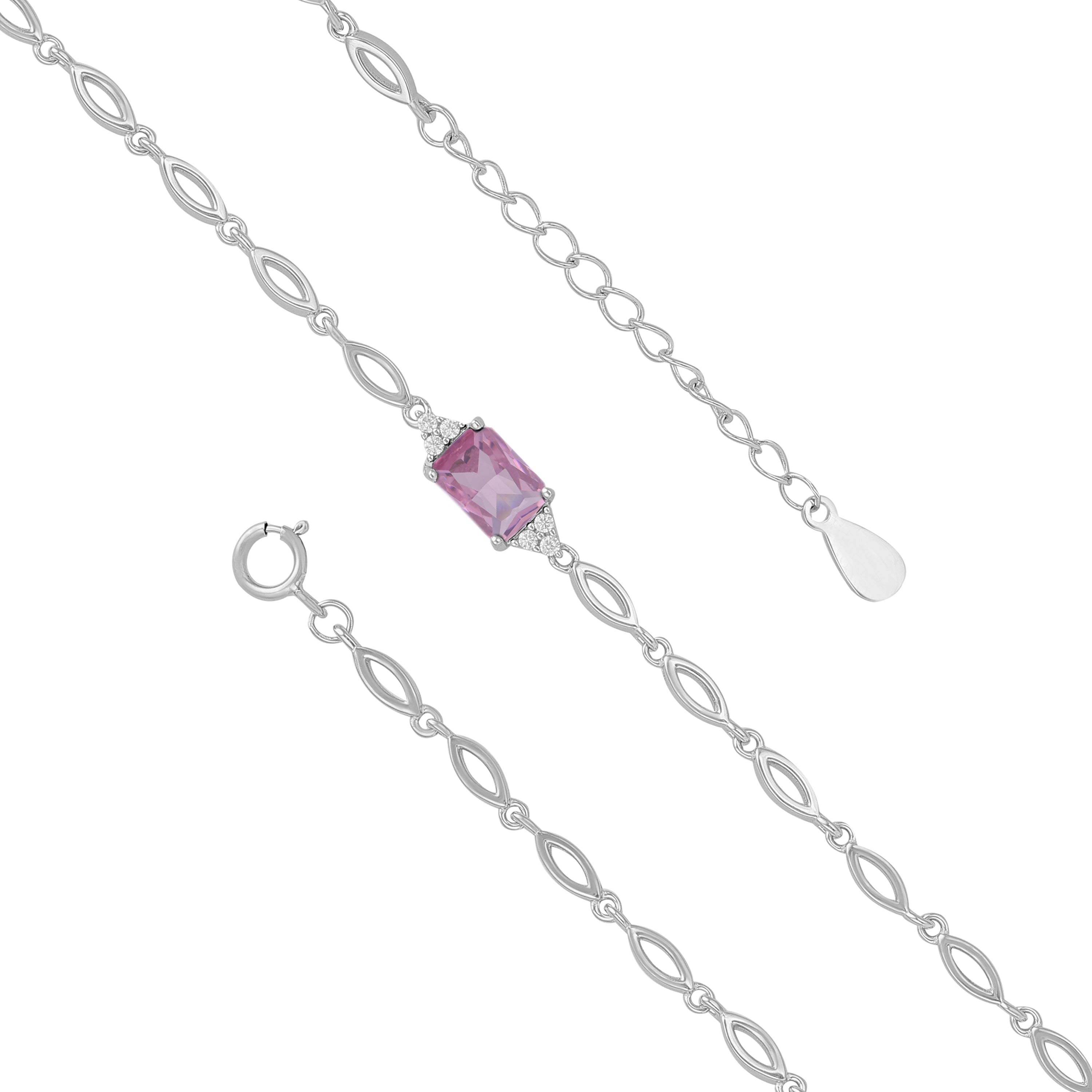 925 Sterling Silver October Month Square Pink Tourmaline Birthstone Bracelet For Women