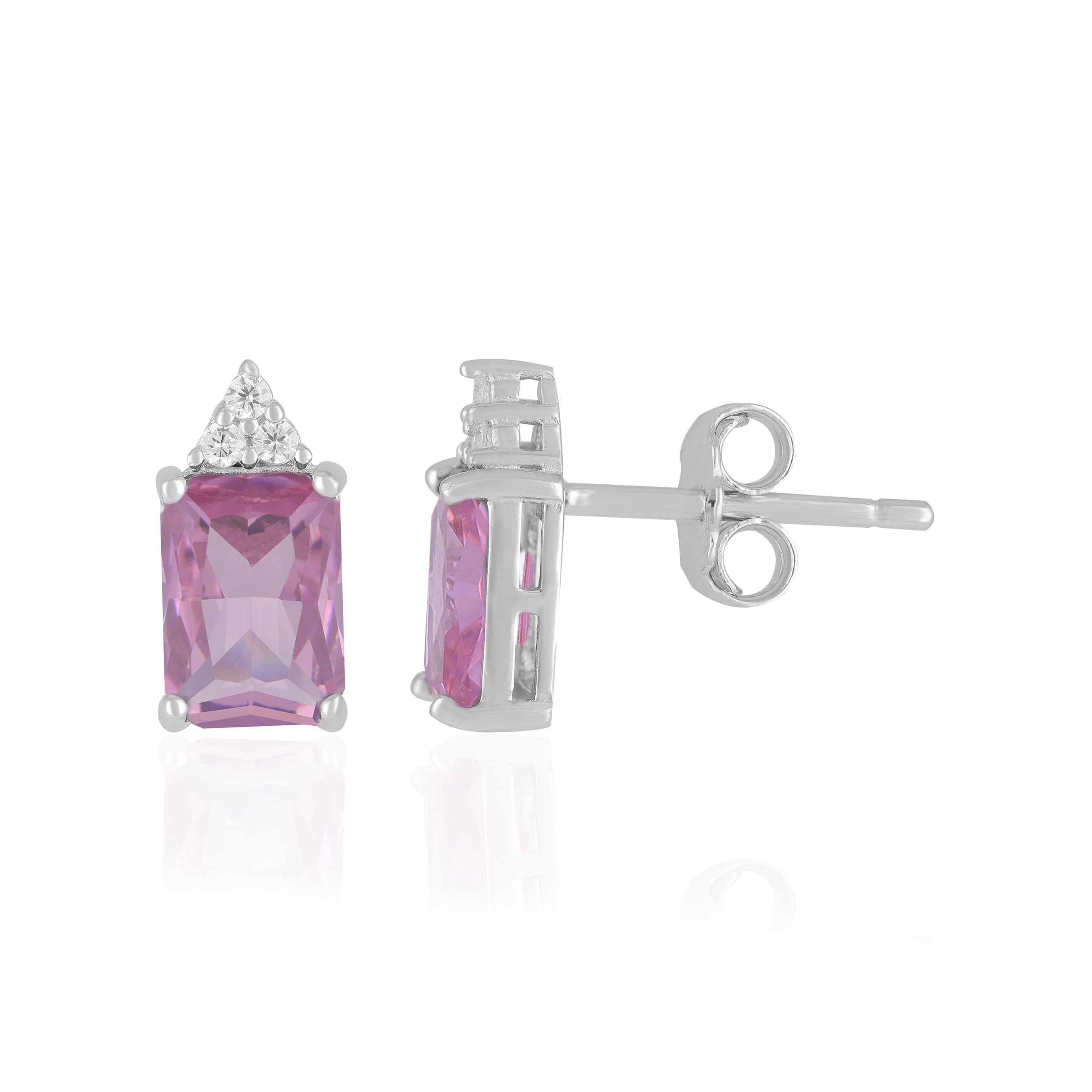 925 Sterling Silver October Month Square Pink Tourmaline Birthstone Stud For Women