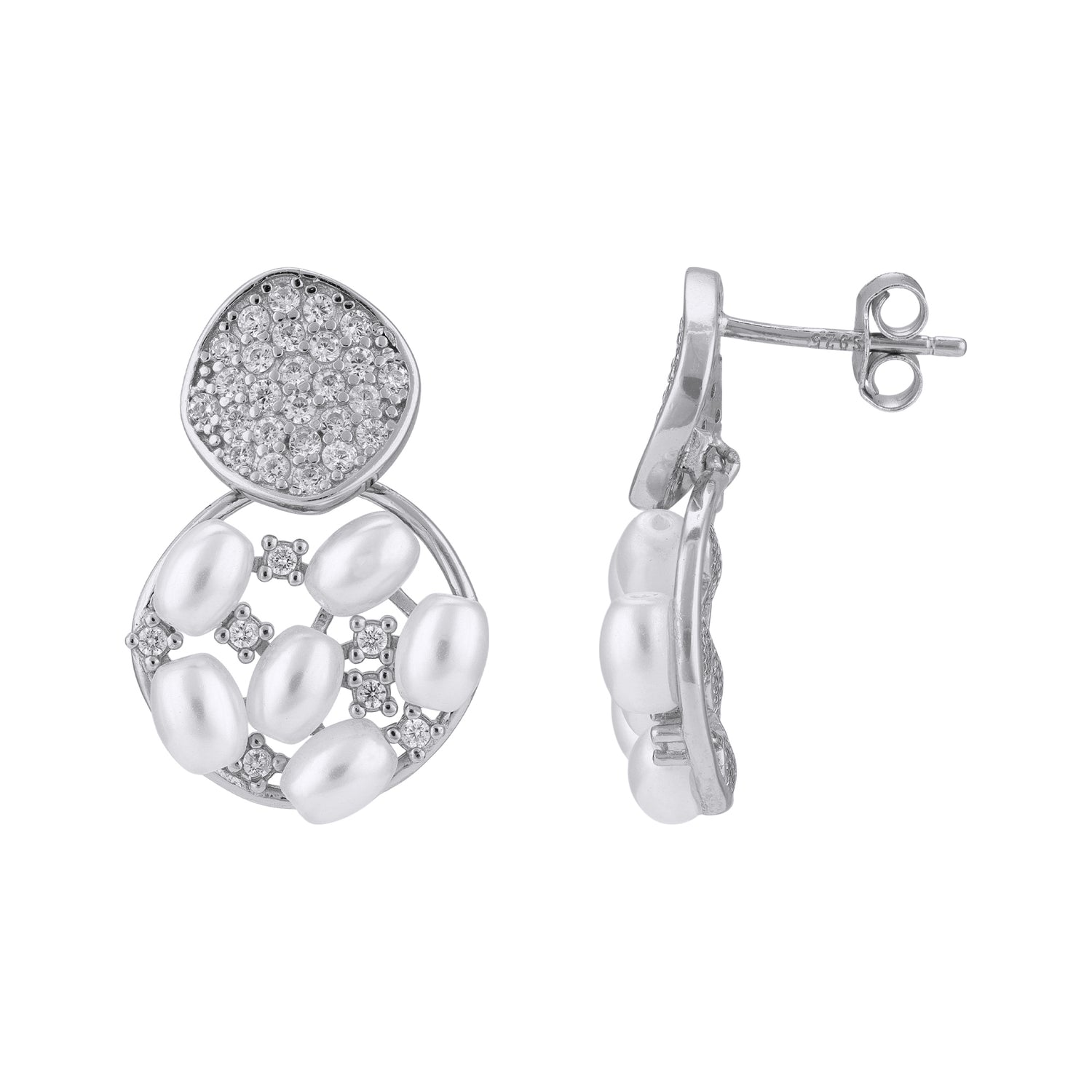 925 Sterling Silver Orbit Pearl Crystal-Encrusted Disc Top Earrings for Women