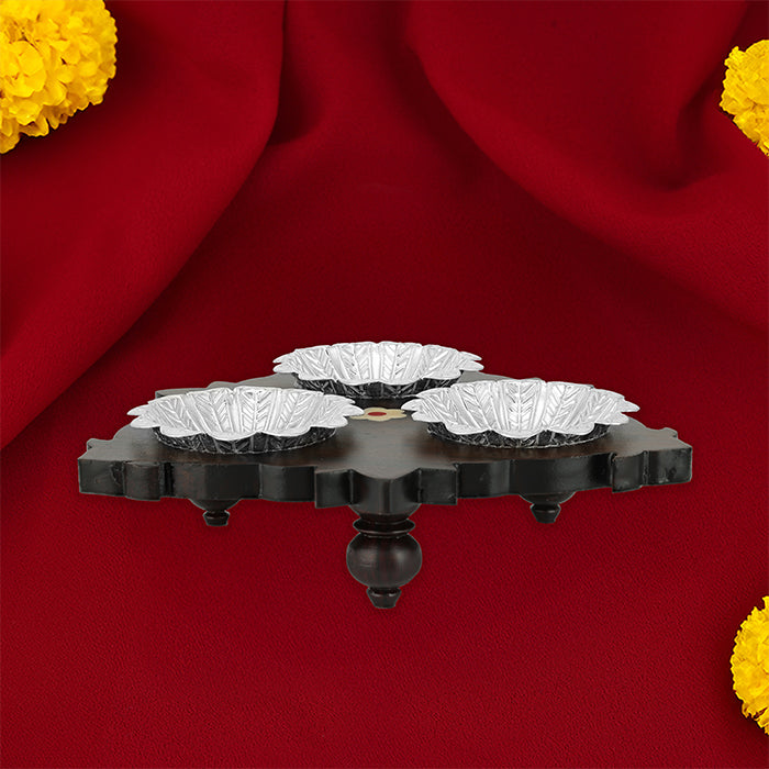 925 Sterling Silver Peacock Feather Pattern Three Bowls Rosewood Base For Pooja