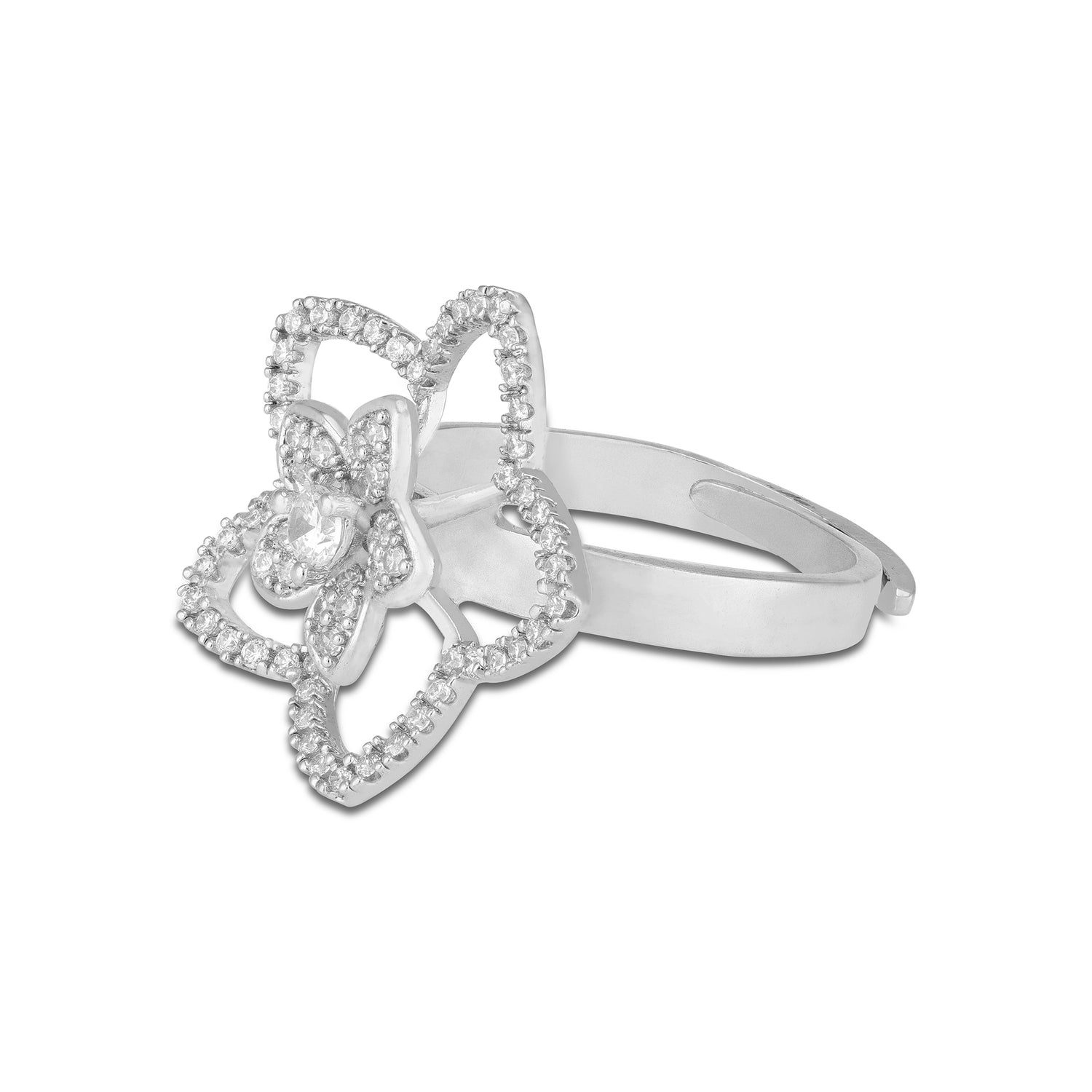 925 Sterling Silver Radiant Dual Bloom Floral Dome Rhodium Plated Ring for Women