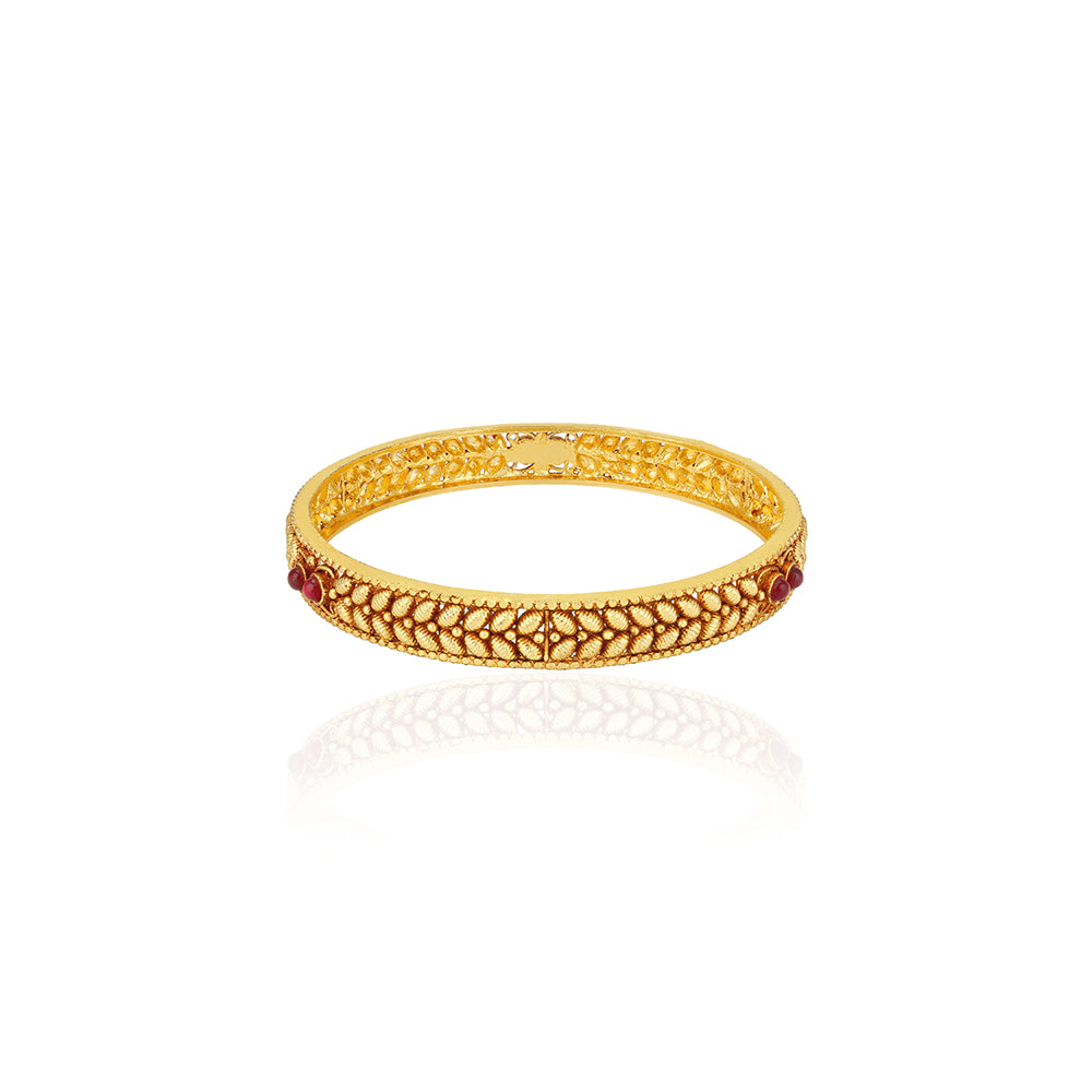 925 Sterling Silver Raised Leaf Motifs Twin Red Accents Gold Plated Bangles for Women