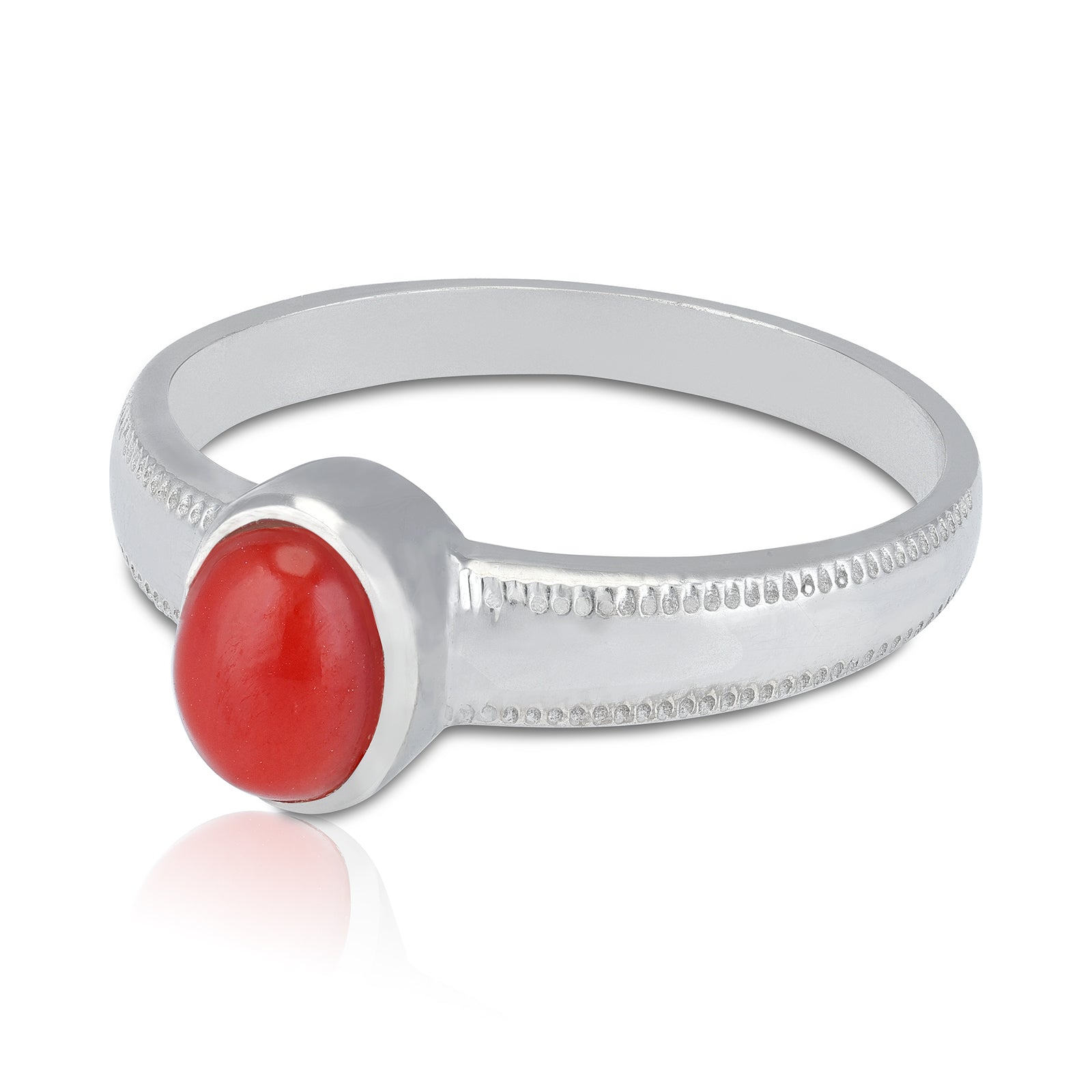 925 Sterling Silver Red Coral Embossed Beaded Rim Rhodium Plated Ring for Men