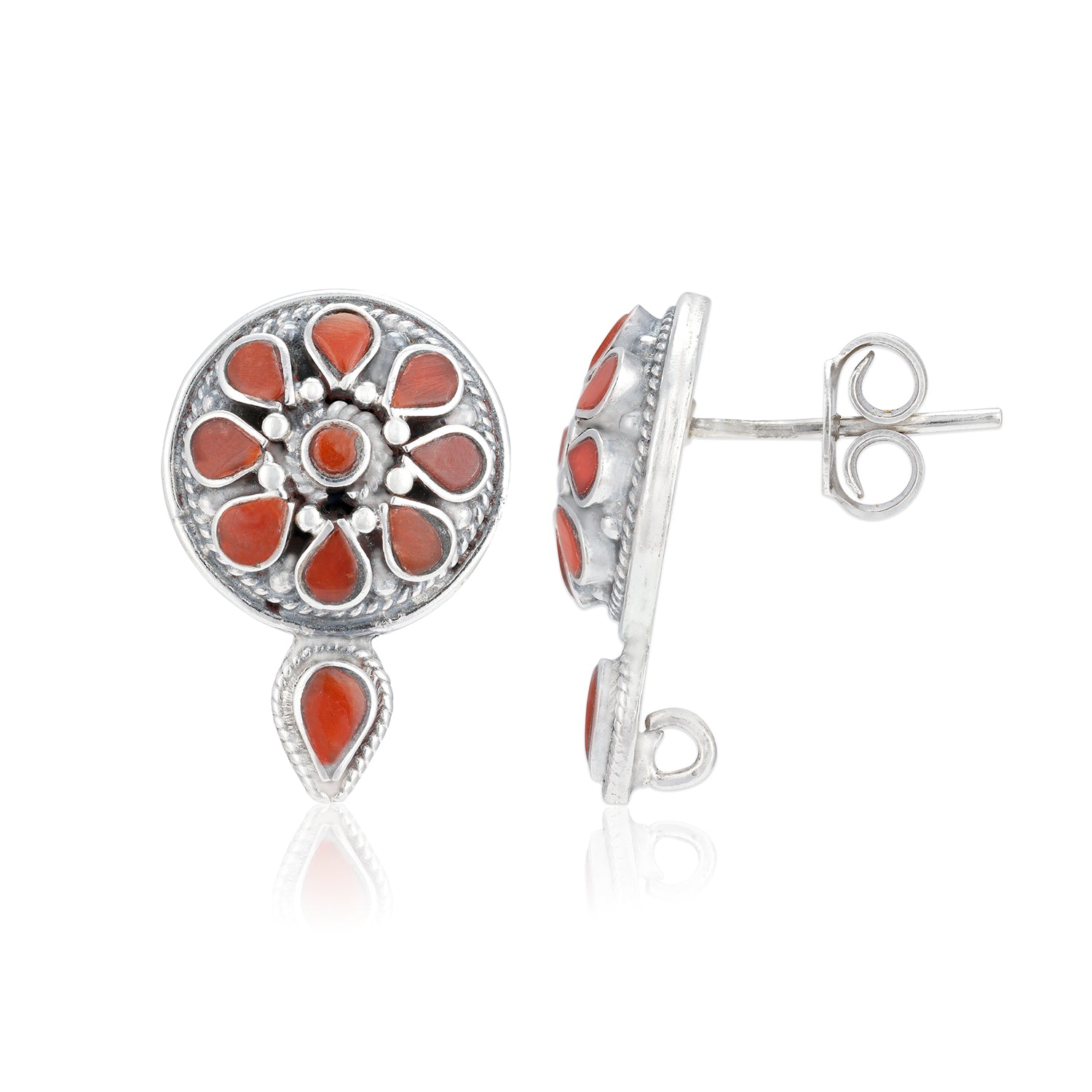 Sterling Silver Red Tear Motif Floral Shape Earrings For Women