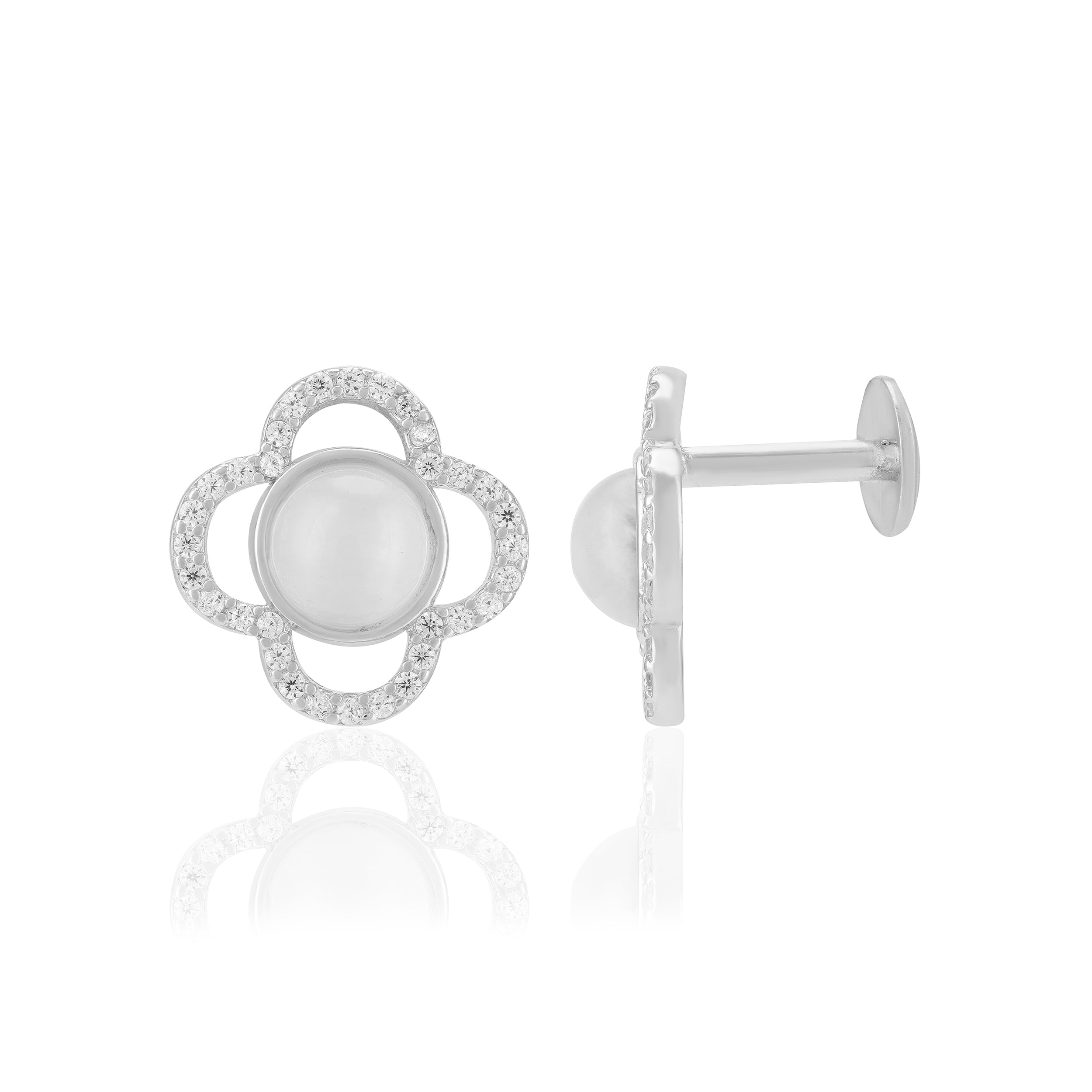 925 Sterling Silver Rhodium Floral Center Pearl Earrings For Women