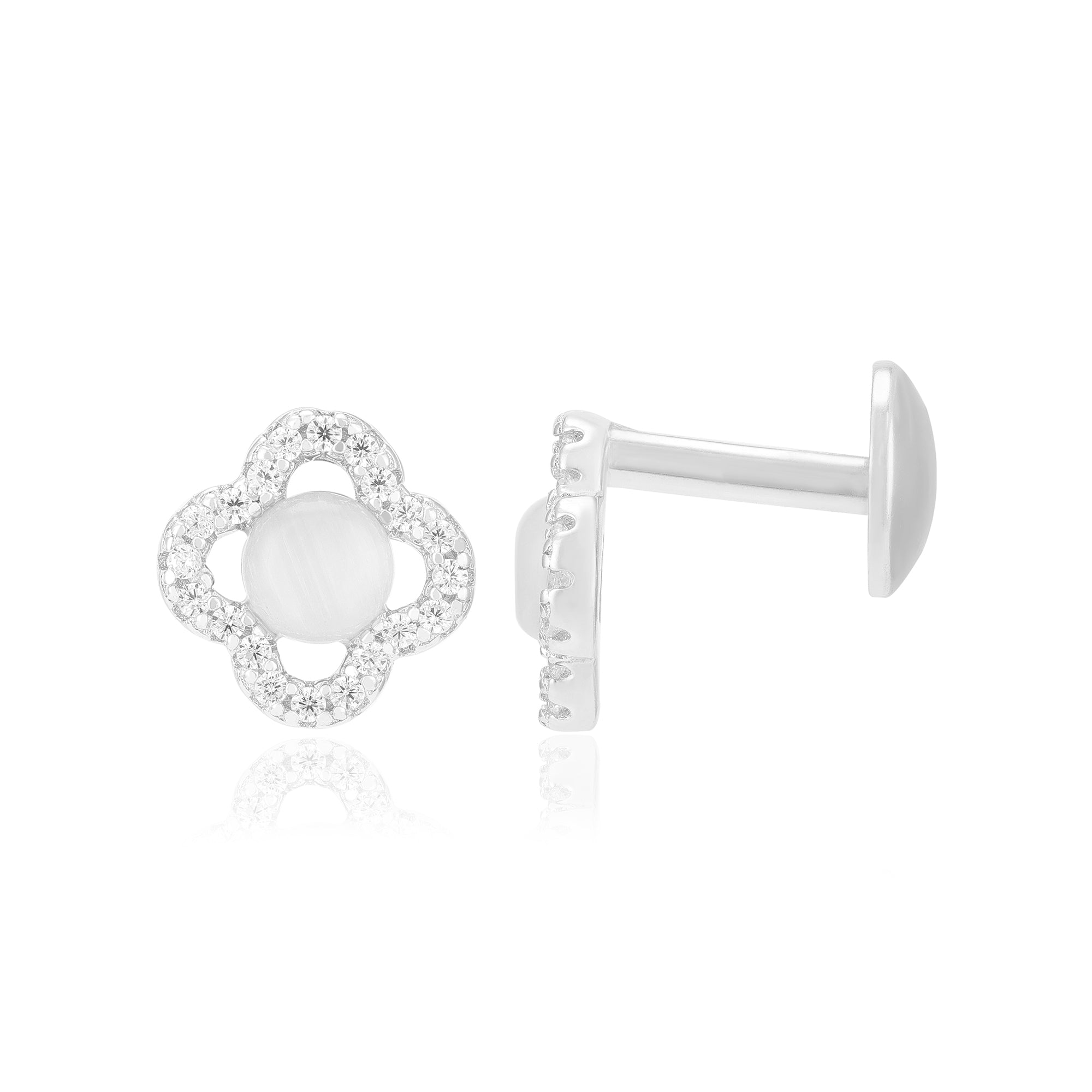 925 Sterling Silver Rhodium Moonstone Center Four Petals Earrings For Women