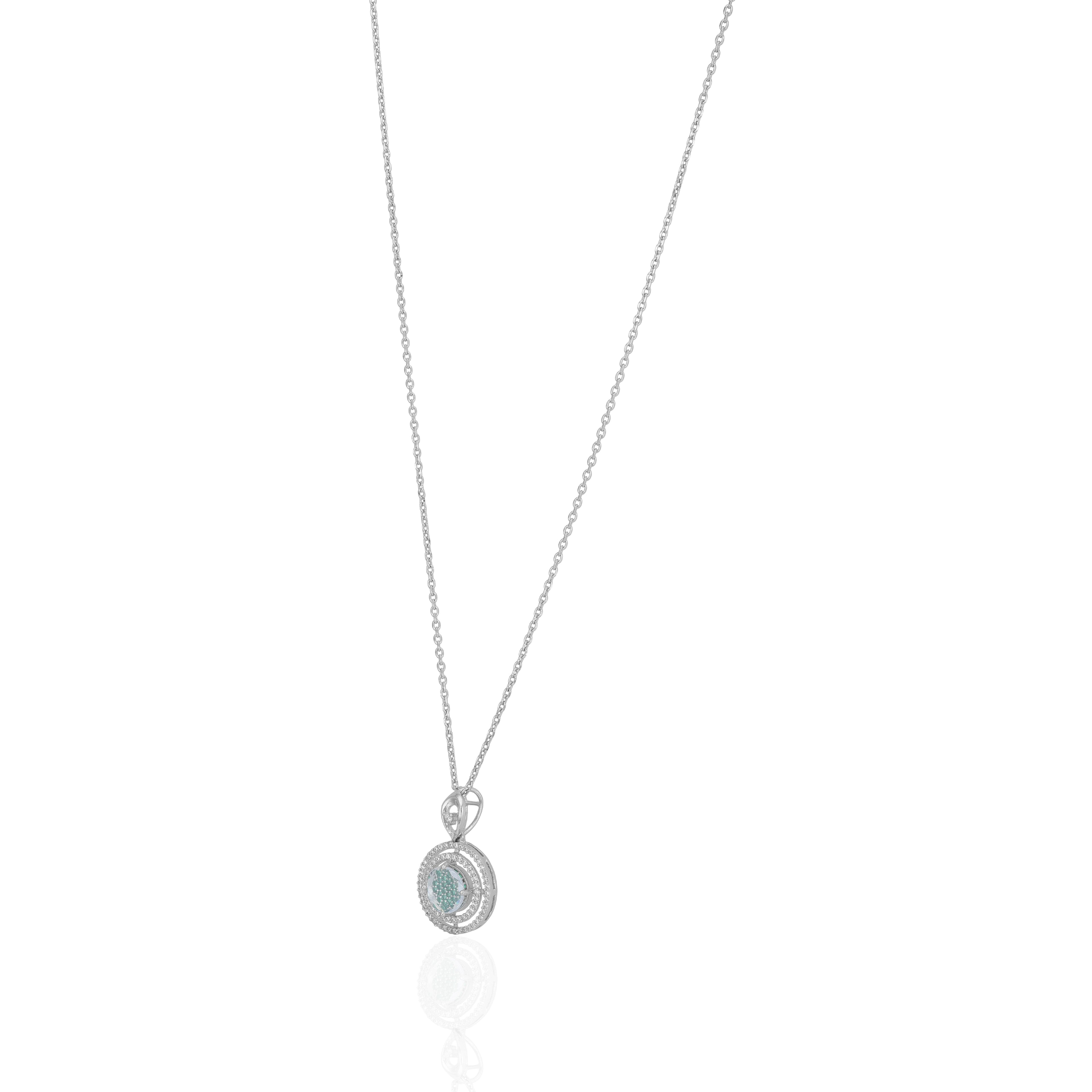 925 Sterling Silver Rhodium Plated Aqua Sparkle Triple Halo Circle Chain Pendant for Women