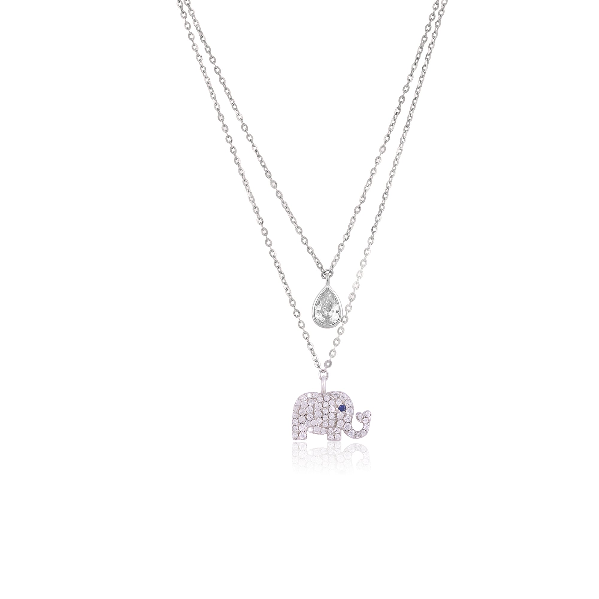 925 Sterling Silver Rhodium Plated Elephant Pear Drop Pendant Chain