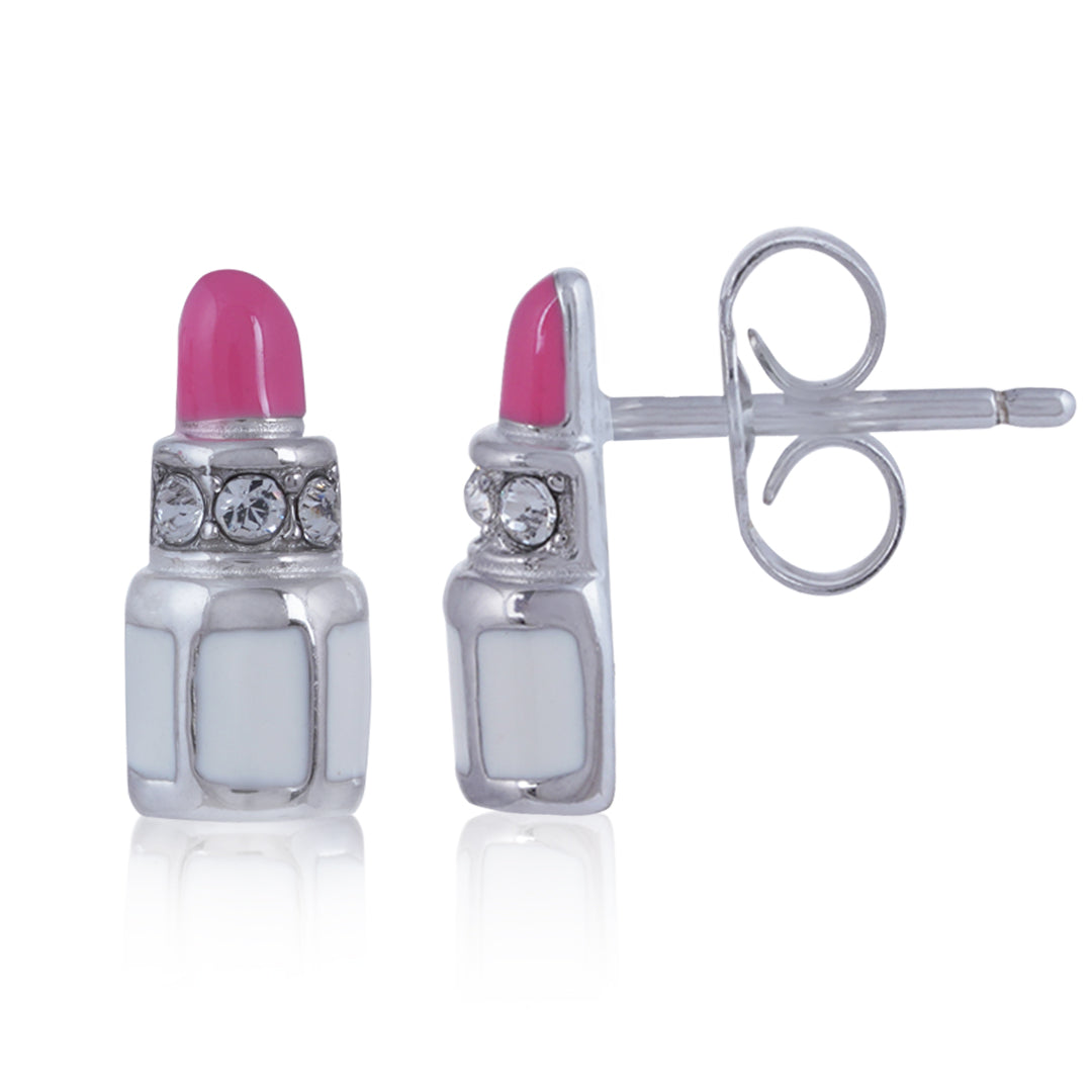 925 Sterling Silver Rhodium Plated Glossy Pink Lipstick Stud For Kids