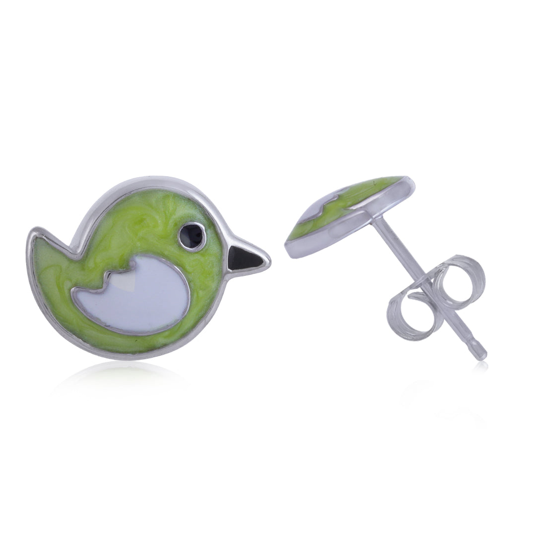 925 Sterling Silver Rhodium Plated Green Bird Stud For Kids